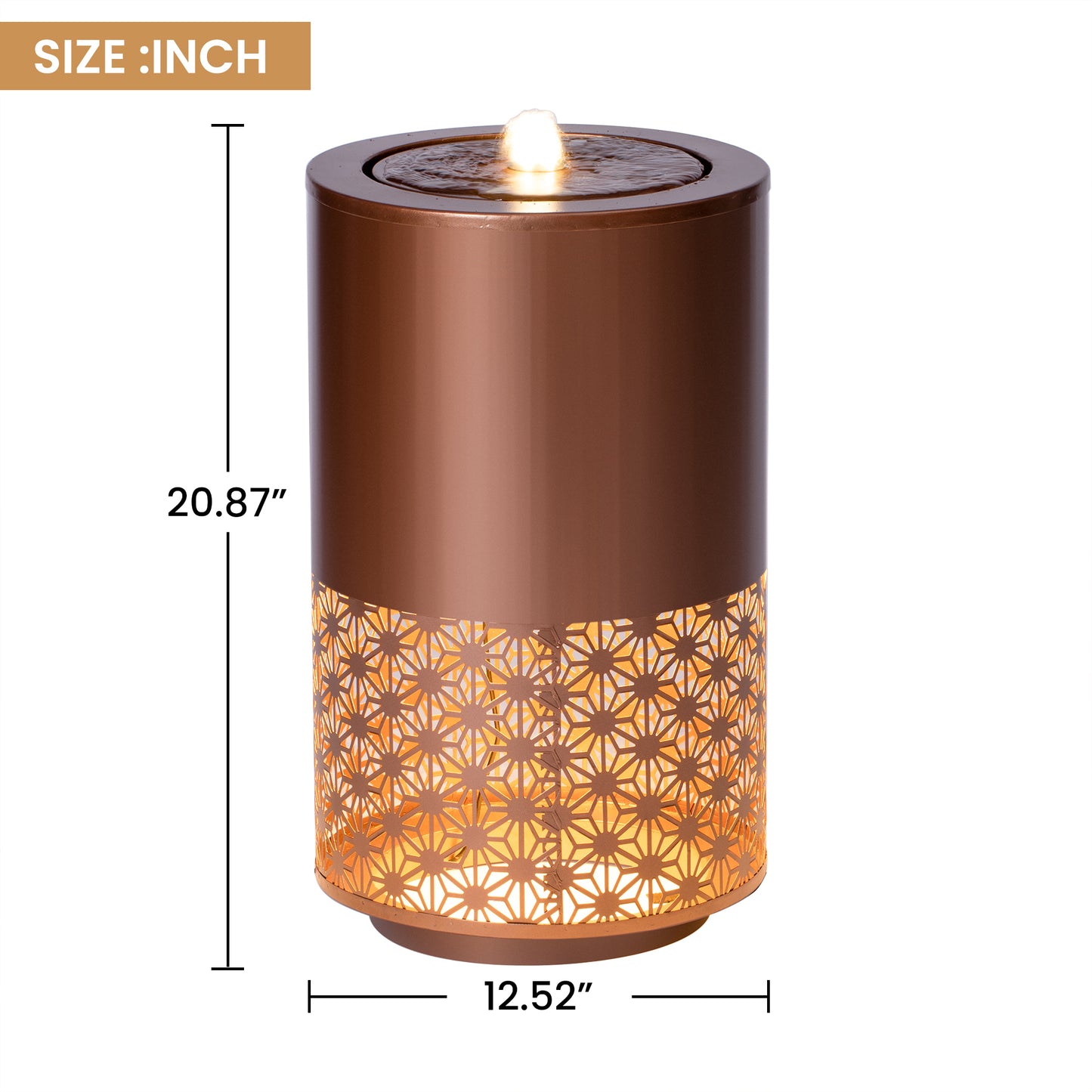 20.87"H Brown Metal Cutout Outdoor Water Fountain with LED Lights, Modern Freestanding Candle Style Water Feature for Patio Backyard Decor