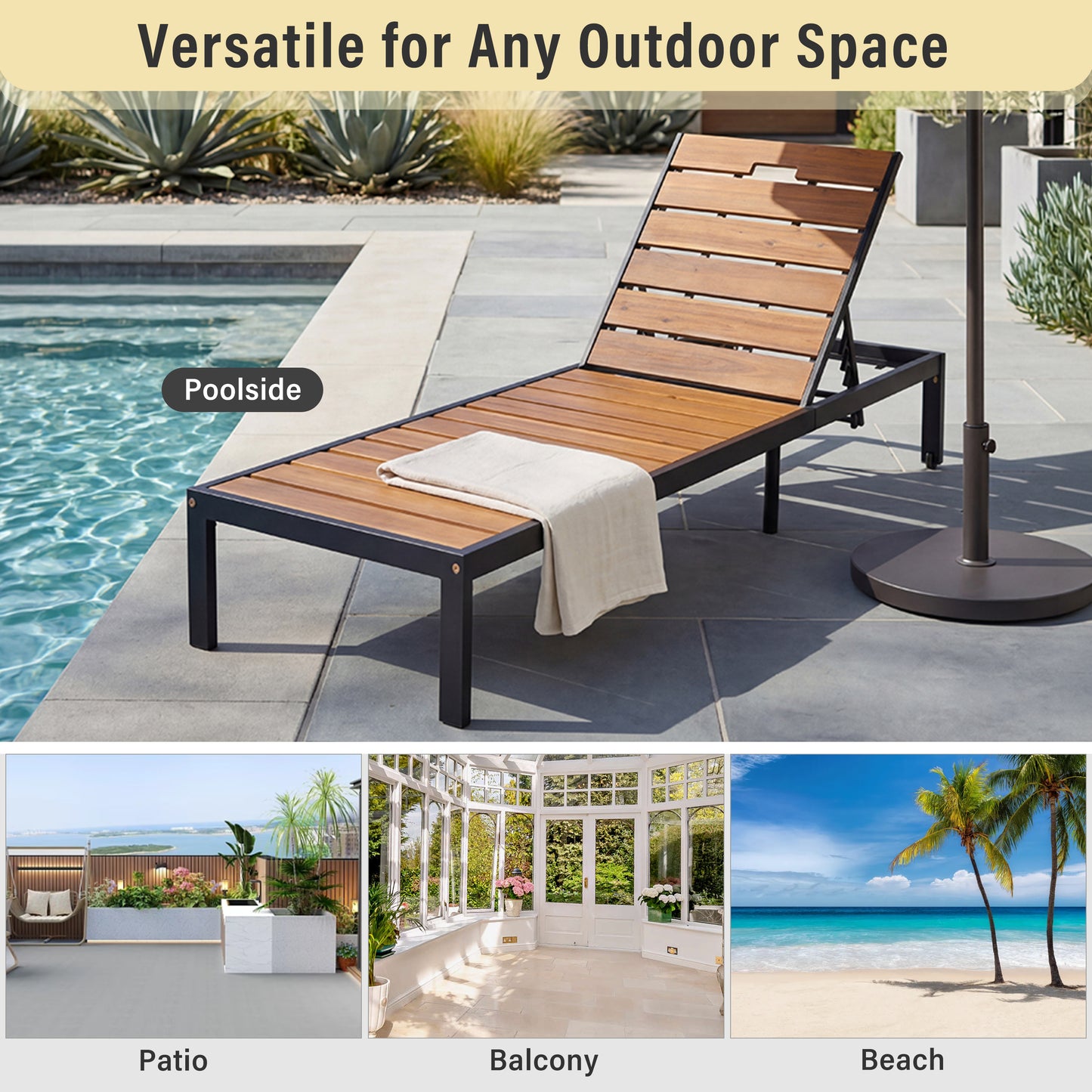 Outdoor Chaise Lounges Pool Lounge Chairs Outdoor Daybed Recliner with Adjustable Backrest for Patio, Poolside or Beach, Black+Natural