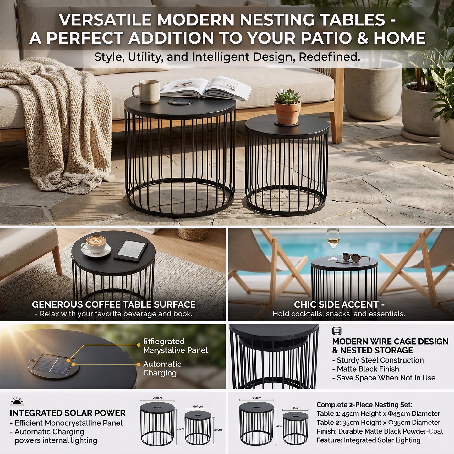 2-Pack Solar Powered Nesting Side Table Set, Modern Round End Tables with Solar LED Lights, Metal Wire Cage Accent Tables, Indoor/Outdoor Patio Nightstand for Living Room, Balcony, Garden, Matte Black