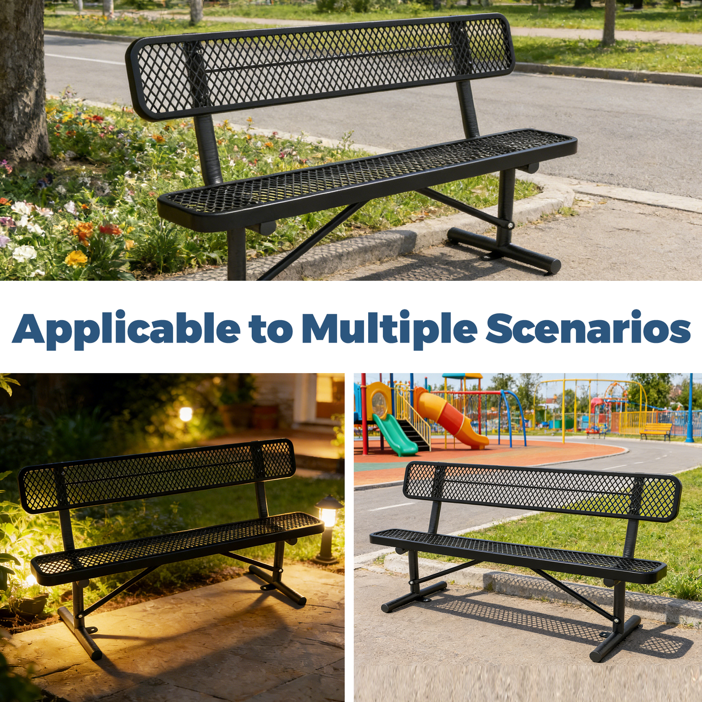 4FT Heavy-Duty Outdoor Metal Park Bench with Backrest, All-Weather Steel Portable Seating, Rust-Proof Commercial Bench for Garden, Patio, Yard, Deck, Parks & Shopping Malls