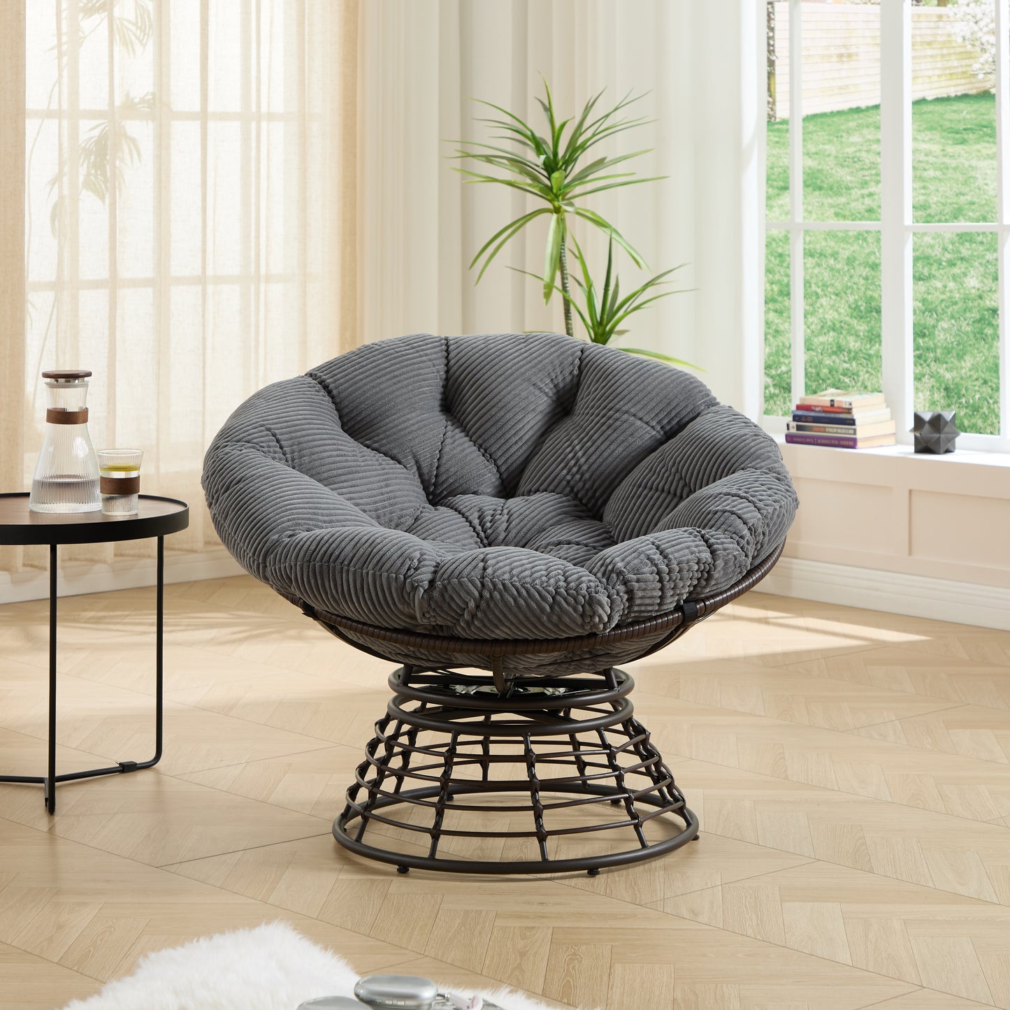 Comfortable Ergonomic Wicker Papasan Chair, 360° Swivel Indoor Outdoor Rattan Chair with Soft Thick Cushion, Ideal for Living Room, Bedroom, Reading Room, Brown Frame with Grey Cushion