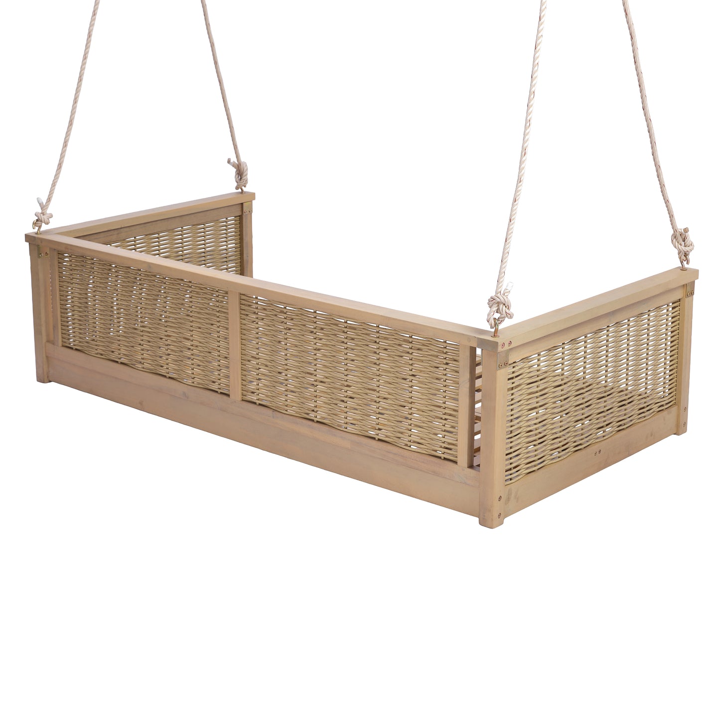 TOPMAX Outdoor Classic Solid Wood Twin Size Swing Bed,Garden Porch Rattan Swing Frame with Long Ropes for Poolside, Backyard, LIGHT TEAK