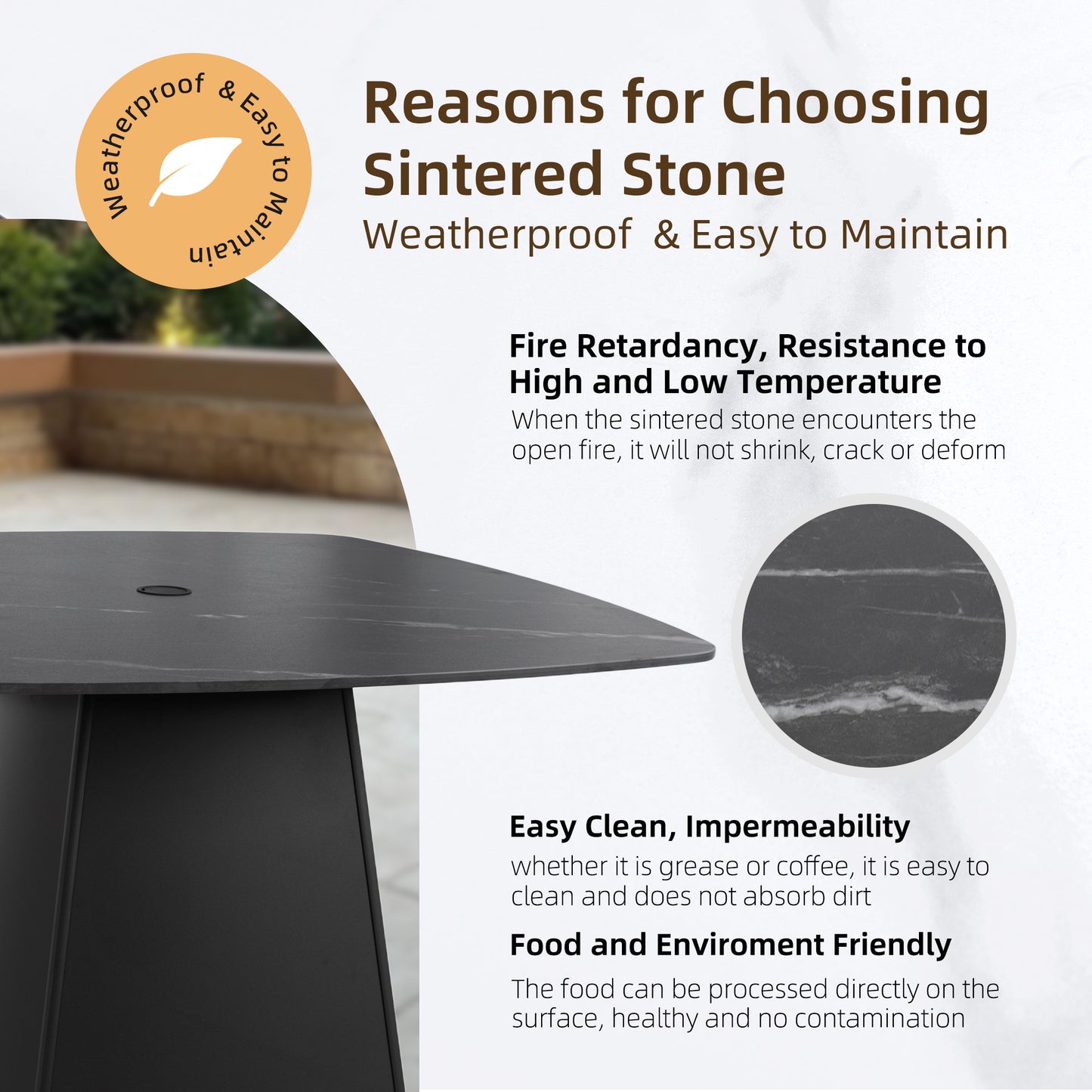 Modern 44" Rounded Square Outdoor Pedestal Dining Table, Black Sintered Stone Top, Flared Pyramid Aluminum Pedestal Base, Weather-Resistant, Rust-Free, for Patio, Deck, Poolside, Balcony – Seats 4