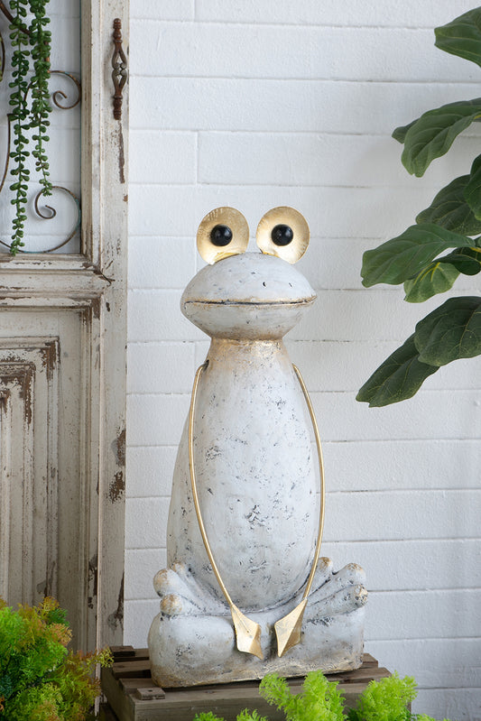 11.4x8.3x24.8" Abstract White Magnesium Frog Figurine with Gold Arms and Eyes