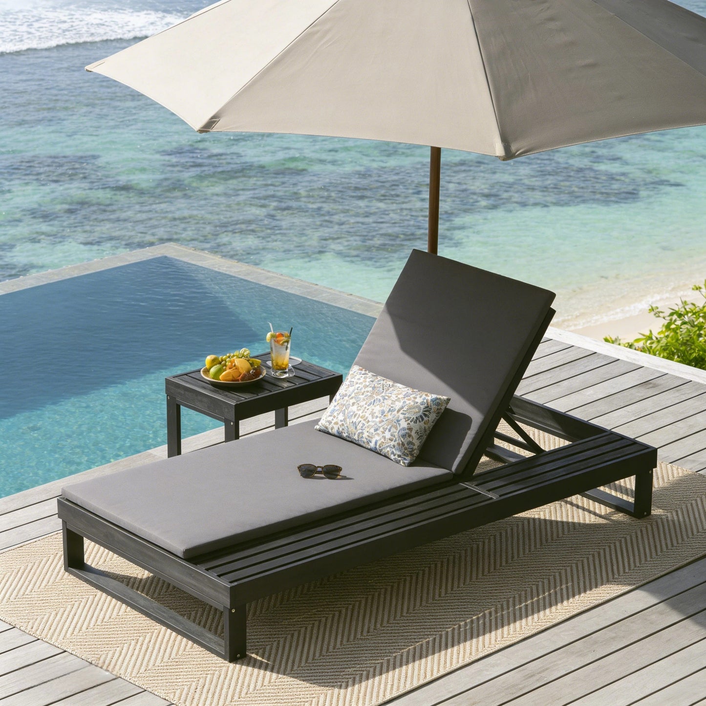 Black Acacia Wood Chaise Lounge with 1.57-Inch Dark Gray 2-Fold Cushion Set, 4-Position Adjustable with Flat Side Surface, for Poolside - Matching cream,leaf coconut version available