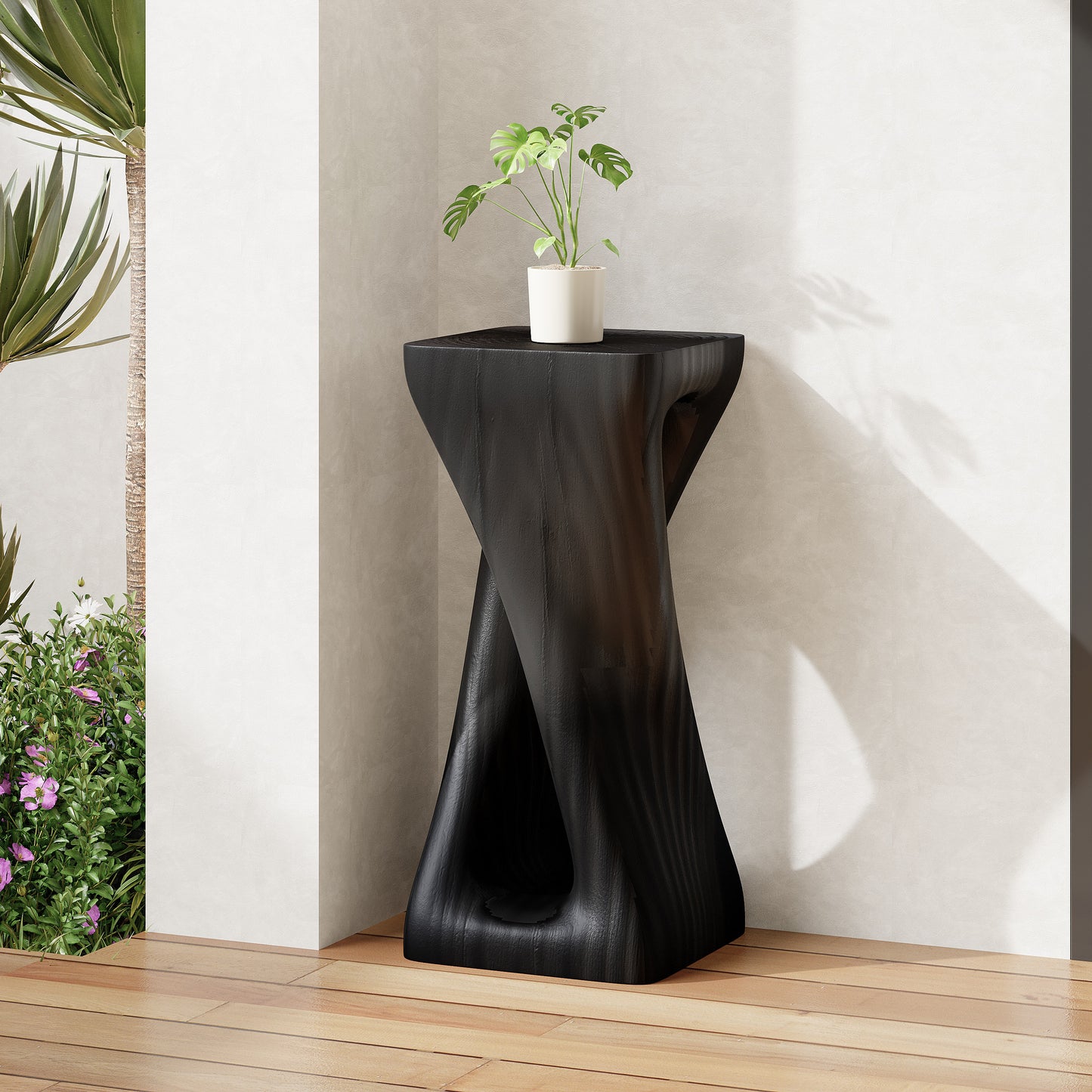 Outdoor Side Table,Twist Shape End Table,Decorative Accent Table,Garden Stool Table for Patio Balcony Beach Pool Side,Lightweight Concrete,Wood Like Texture,Black Color