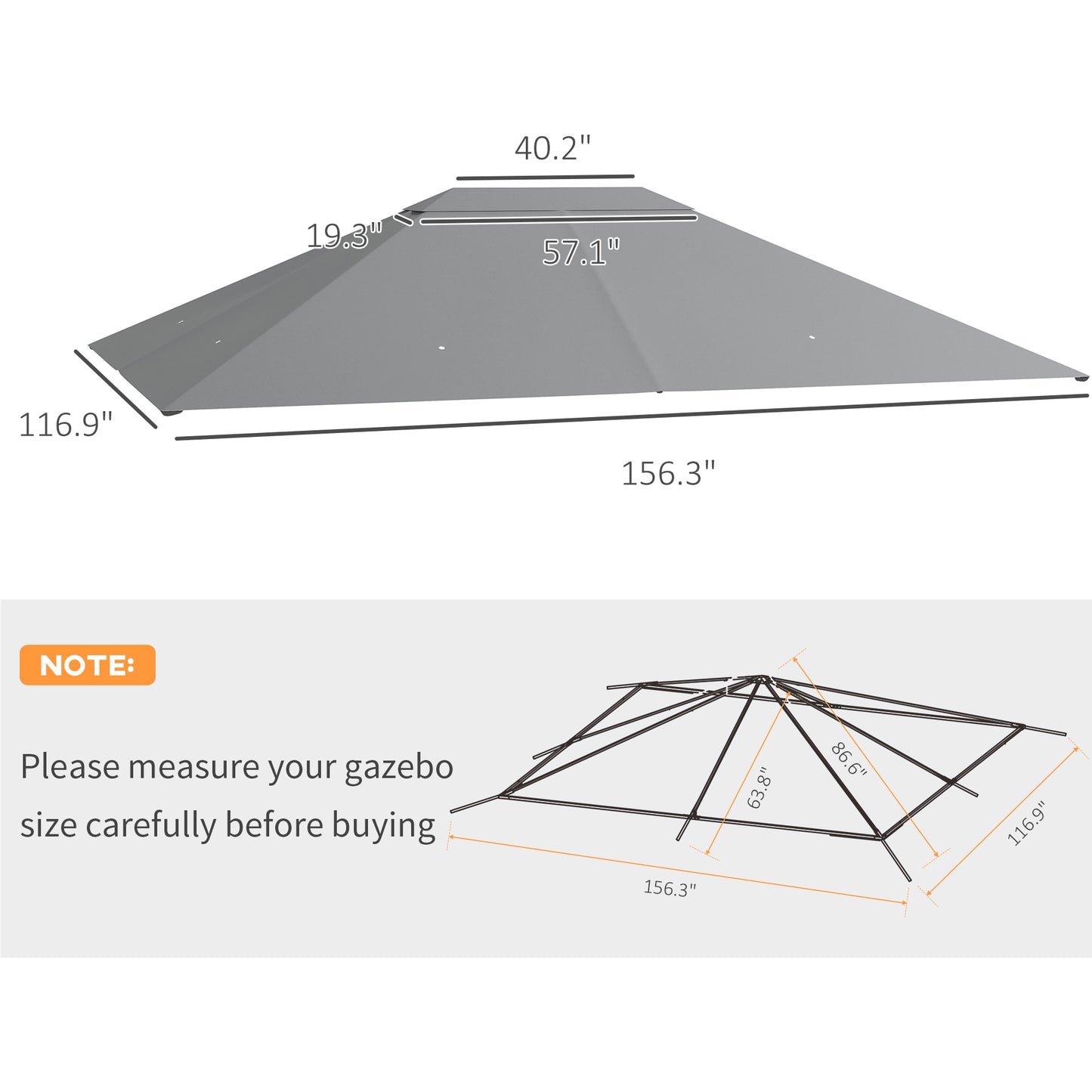 Outsunny 10' x 13' Gazebo Canopy Replacement, Outdoor Gazebo Cover Top Roof Replacement with Vents and Drain Holes, (TOP COVER ONLY), Light Gray