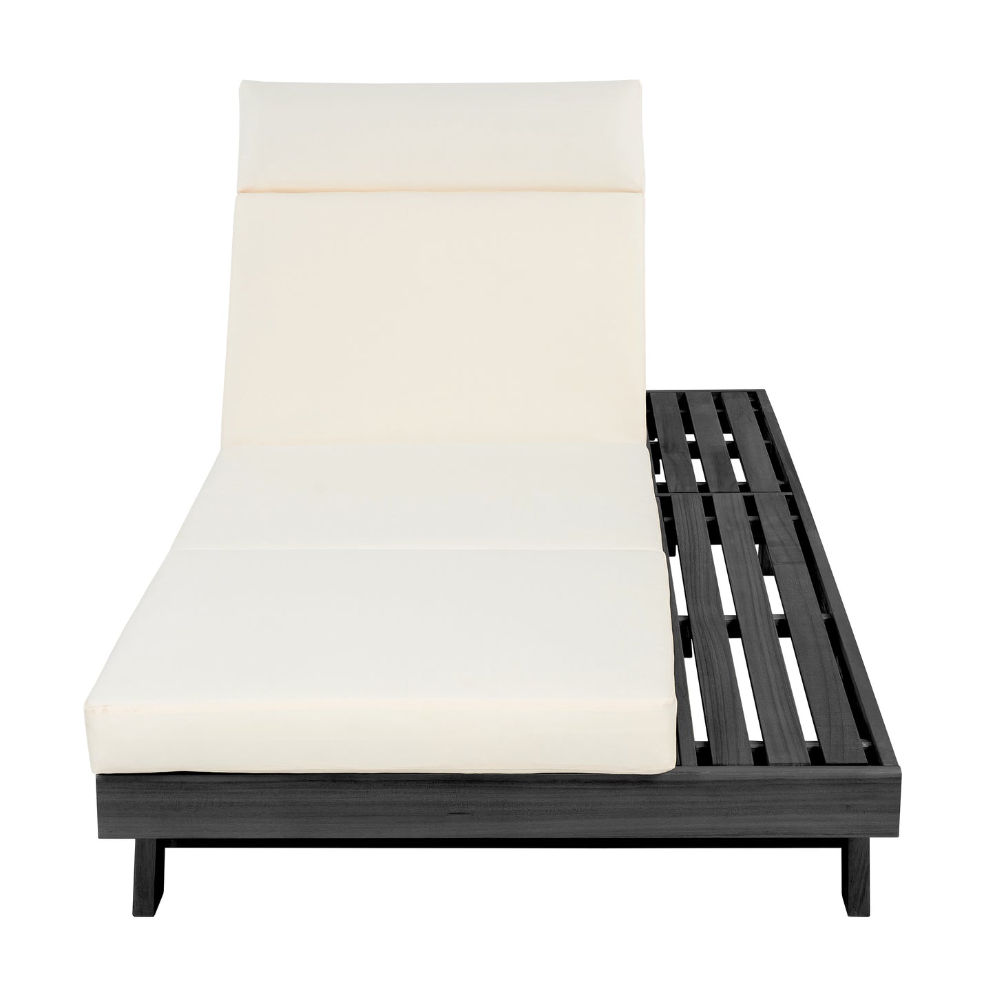 Lounge Chaise Set With Headrest, Space Available On One Side, Acacia Wood In Black With Water-Resistant Lounge Cushions (Beige & 3-Fold & 4 Inch) – Matching Dark Grey/Cream Version Available