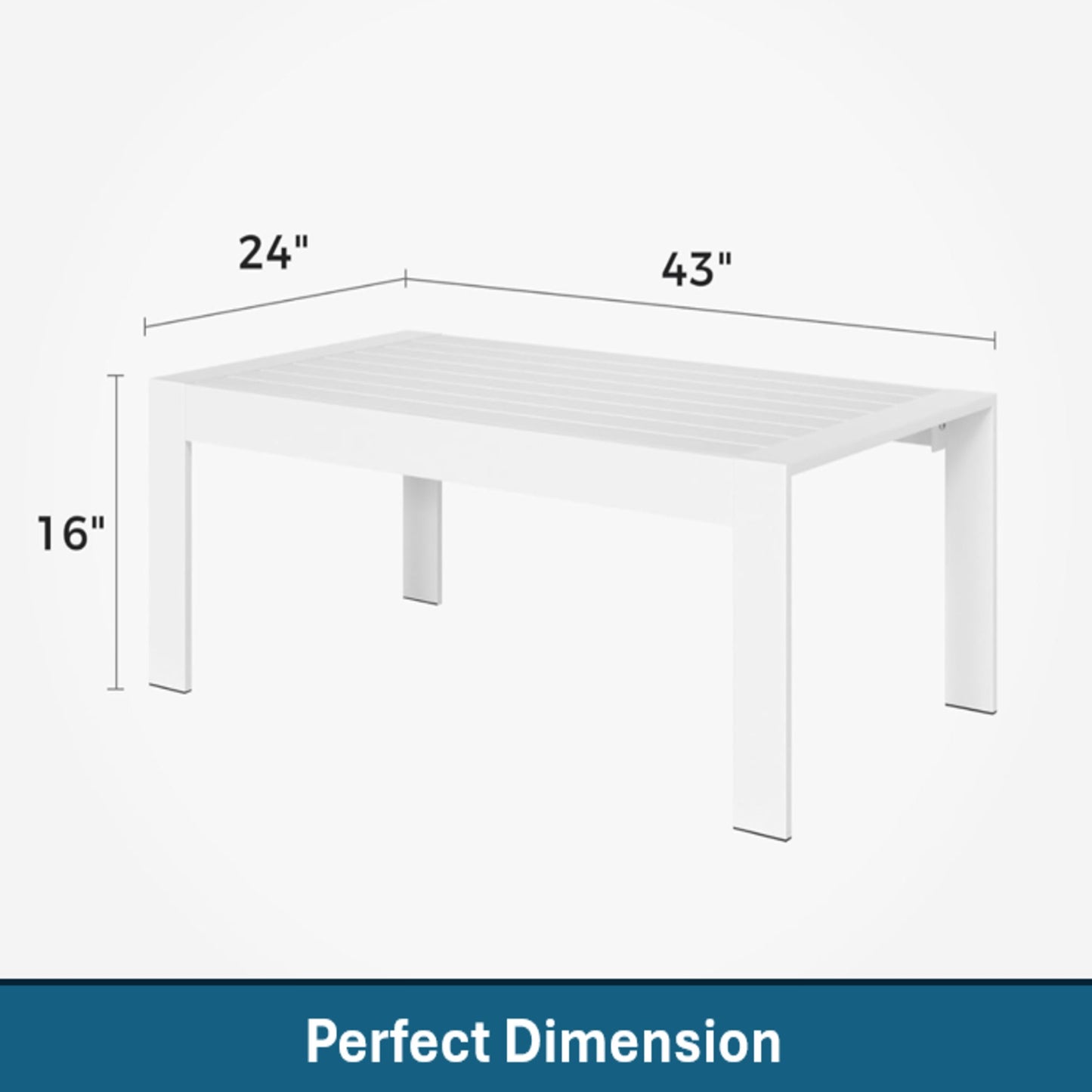 43" All-Weather Aluminum Patio Coffee Table, Modern White Rectangle Outdoor Table