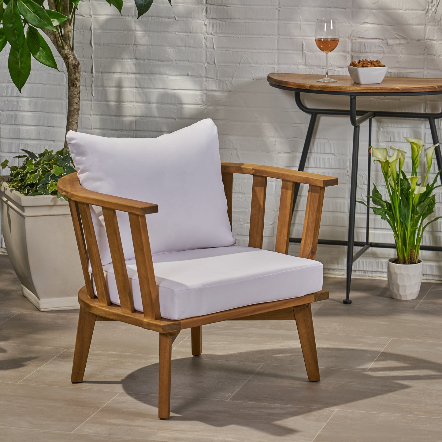 Outdoor Acacia Wood Patio Club Chair, Wooden Patio Furniture,Waterproof Thick Cushion Deep Seating for Porch, Garden, Backyard, Balcony, Weight Capacity 400lbs, Teak Finish, White