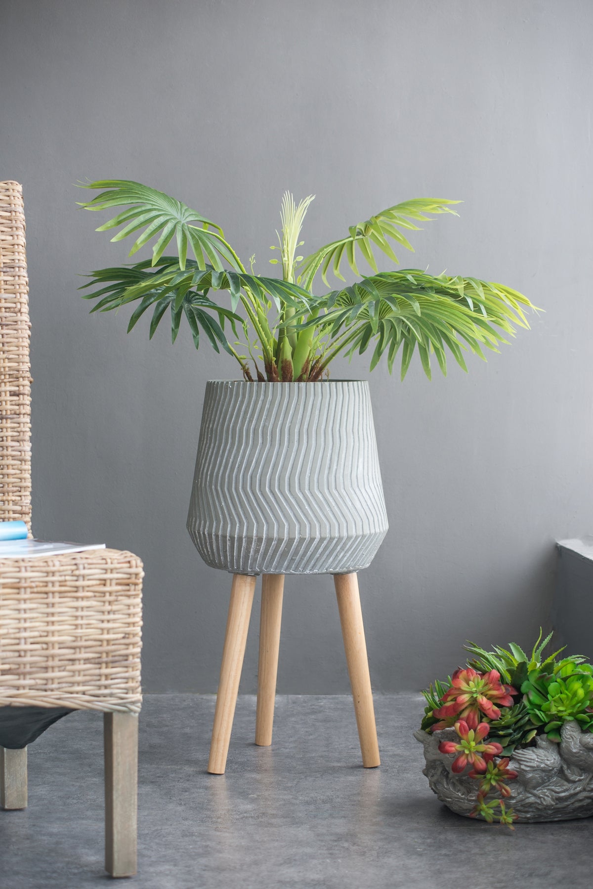 14.6x14.6x28" Cement and Wood Plant Stand, Indoor Outdoor Plant Holder