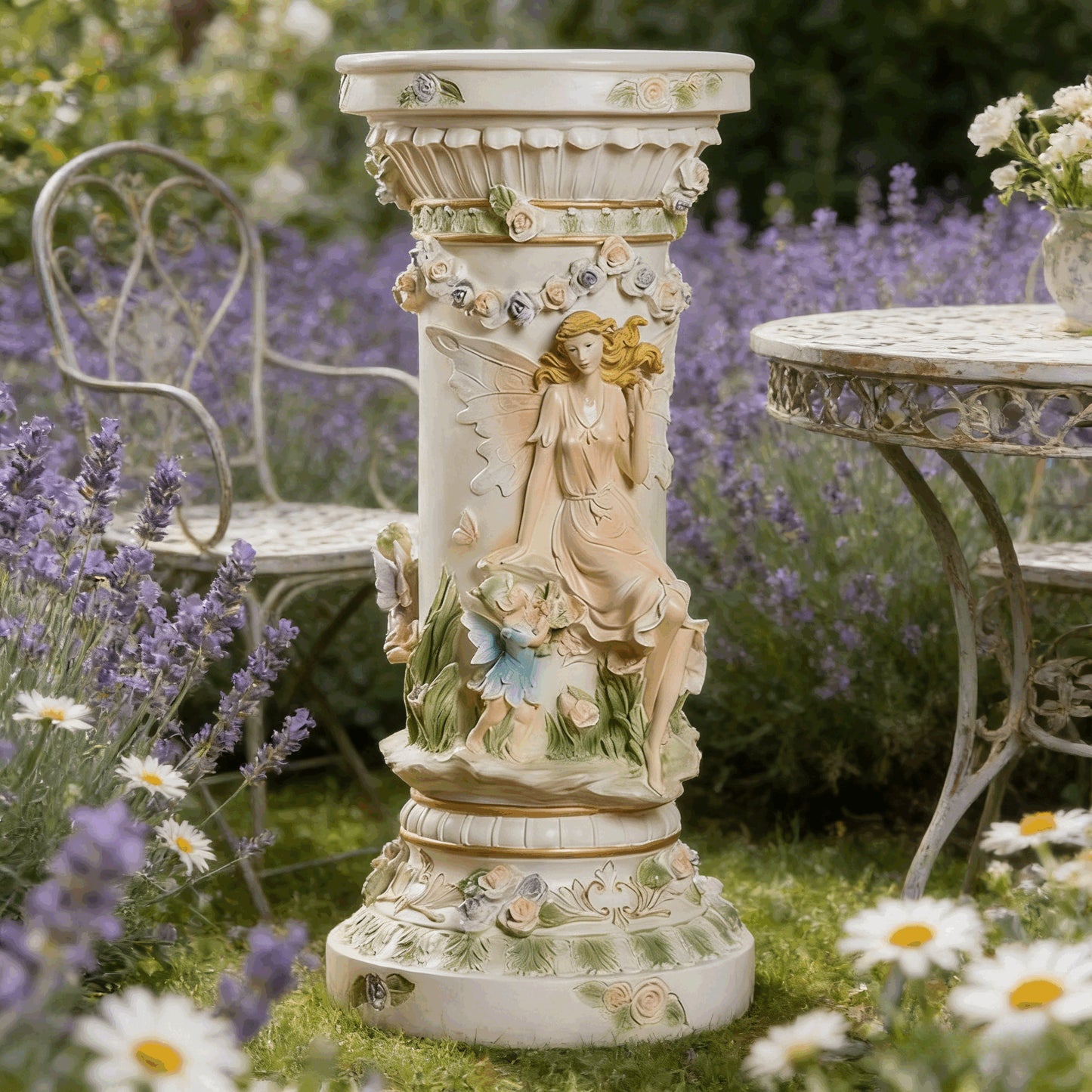 33" Luxury Vintage Roman Column Pedestal, Resin Pillar with Fairy & Floral Relief, Elegant Display Stand for Living Room, Entryway & Home Aesthetic Decor