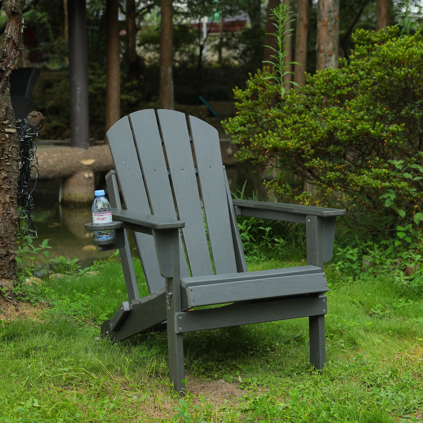 HDPE Folding Adirondack Chair with Dual Cup Holder - Composite Adirondack Chair with Wood Texture- ,Gray