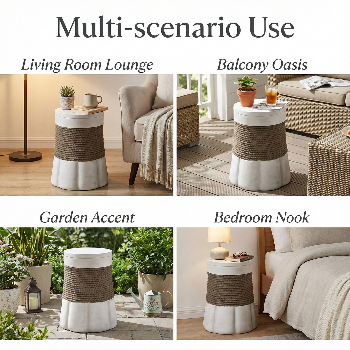 Outdoor Light Gray & Brown Retro Woven Rope & Fan-Base MGO Side Table – End Table for Home, Office, Living Room & Outdoor