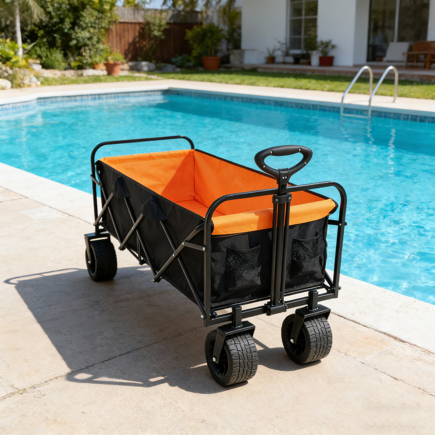 Big large capacity Folding cart Extra Long Extender Wagon Cart Folding Wagon Garden Shopping Beach Cart (black + orange)
