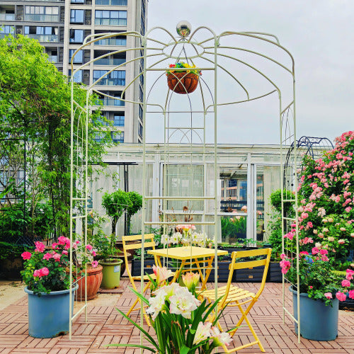 114.2 in. x 81.3 in. Metal Iron Garden Arch Birdcage Shape Pergola Pavilion Arbor for Outdoor Activity in White