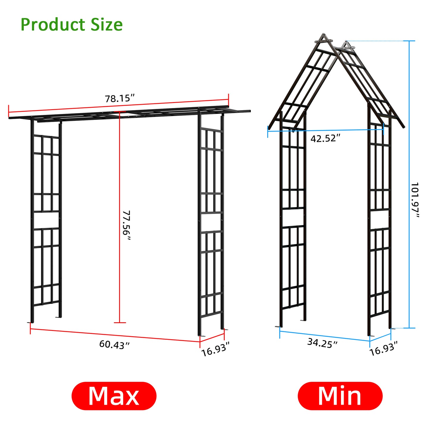 Metal Garden Arch with Adjustable Width W42.52''~W78.15''  Climbing Plants Support Rose Arch Outdoor Black