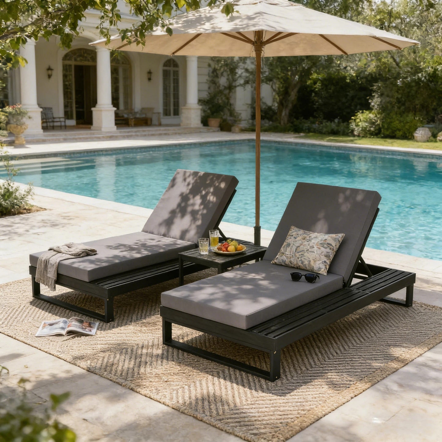Black Acacia Wood Chaise Lounge with 4-Inch Dark Grey 2-Fold  Cushion Set, 4-Position Adjustable Outdoor Patio Lounger with Flat Side Surface, for Poolside- Matching cream version available