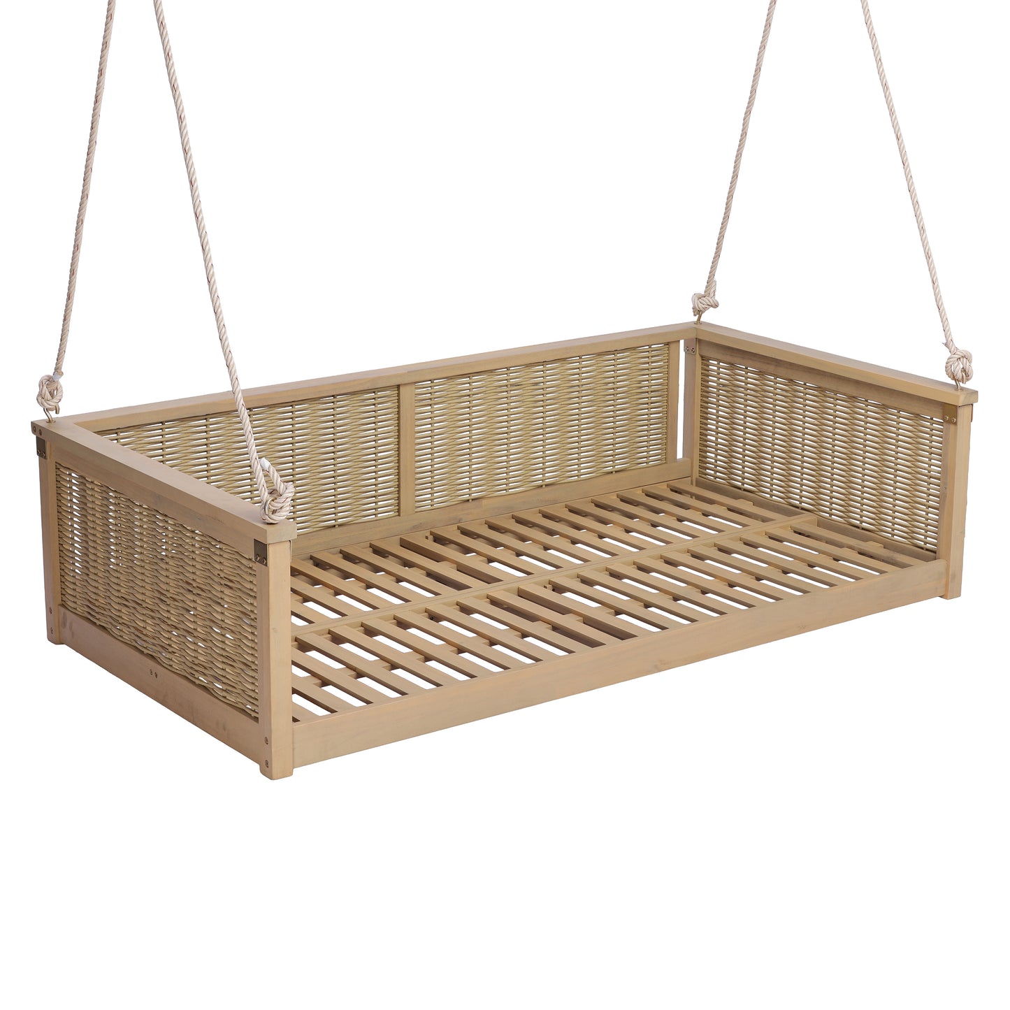 TOPMAX Outdoor Classic Solid Wood Twin Size Swing Bed,Garden Porch Rattan Swing Frame with Long Ropes for Poolside, Backyard, LIGHT TEAK
