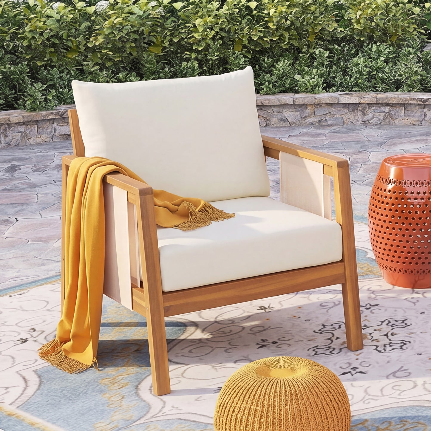 Outdoor Club Chair, Acacia Wood Frame with Brown Textilene Accents, Water-Repellent Beige Cushions for Patio/Backyard/Deck