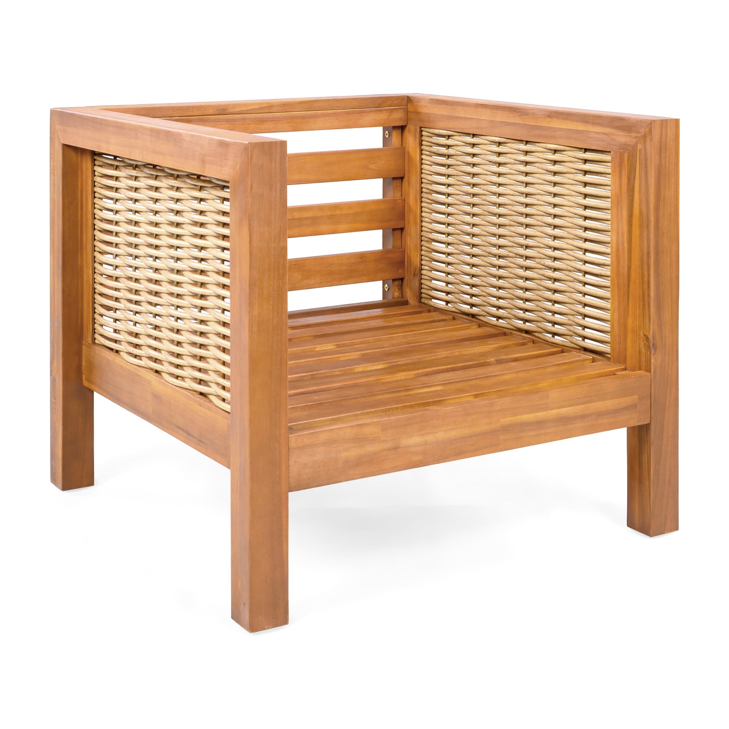Acacia Wood Outdoor Club Chair with Wicker Armrest and Beige Cushions,400 lbs Capacity