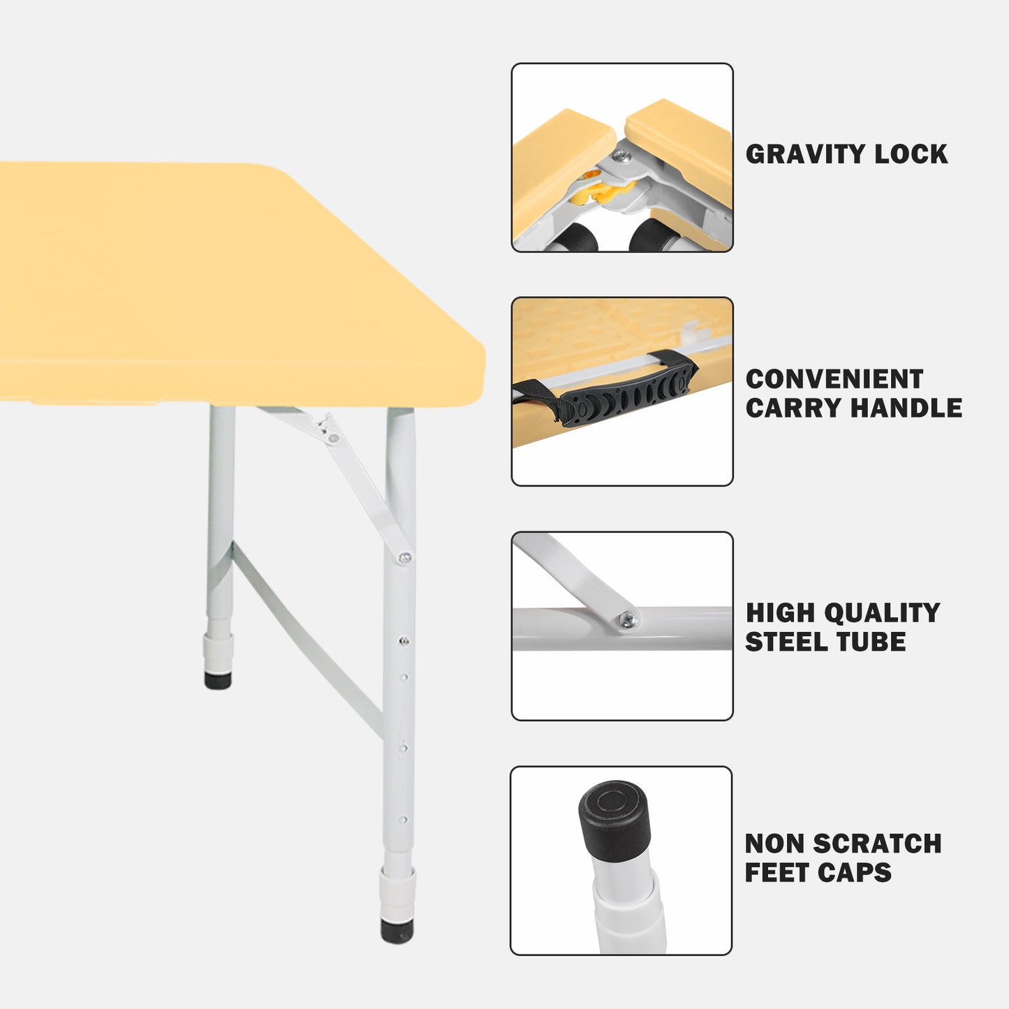 4ft Light Yellow Portable Folding Table Indoor&Outdoor Maximum Weight 135KG Foldable Table for Camping