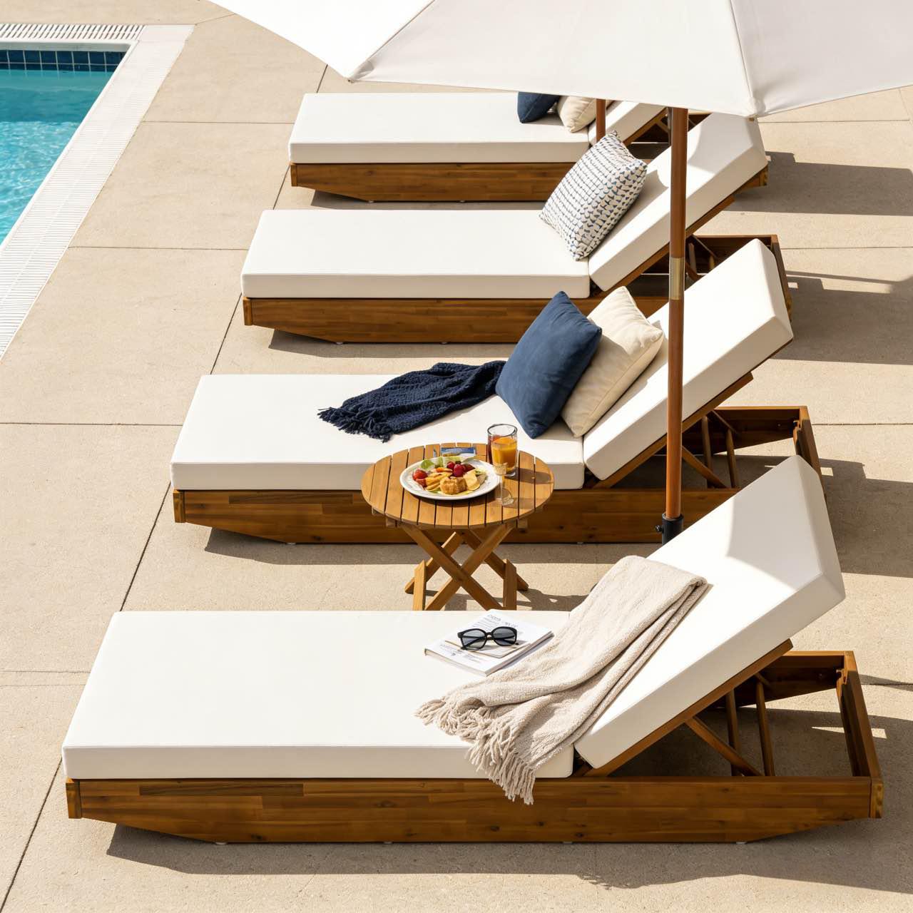 Acacia Wood Chaise Lounge with Cushion - Teak Finish Outdoor Recliner with  Cream Water-Repellent Cushion, 79.6" L x 29" W, 300 lbs