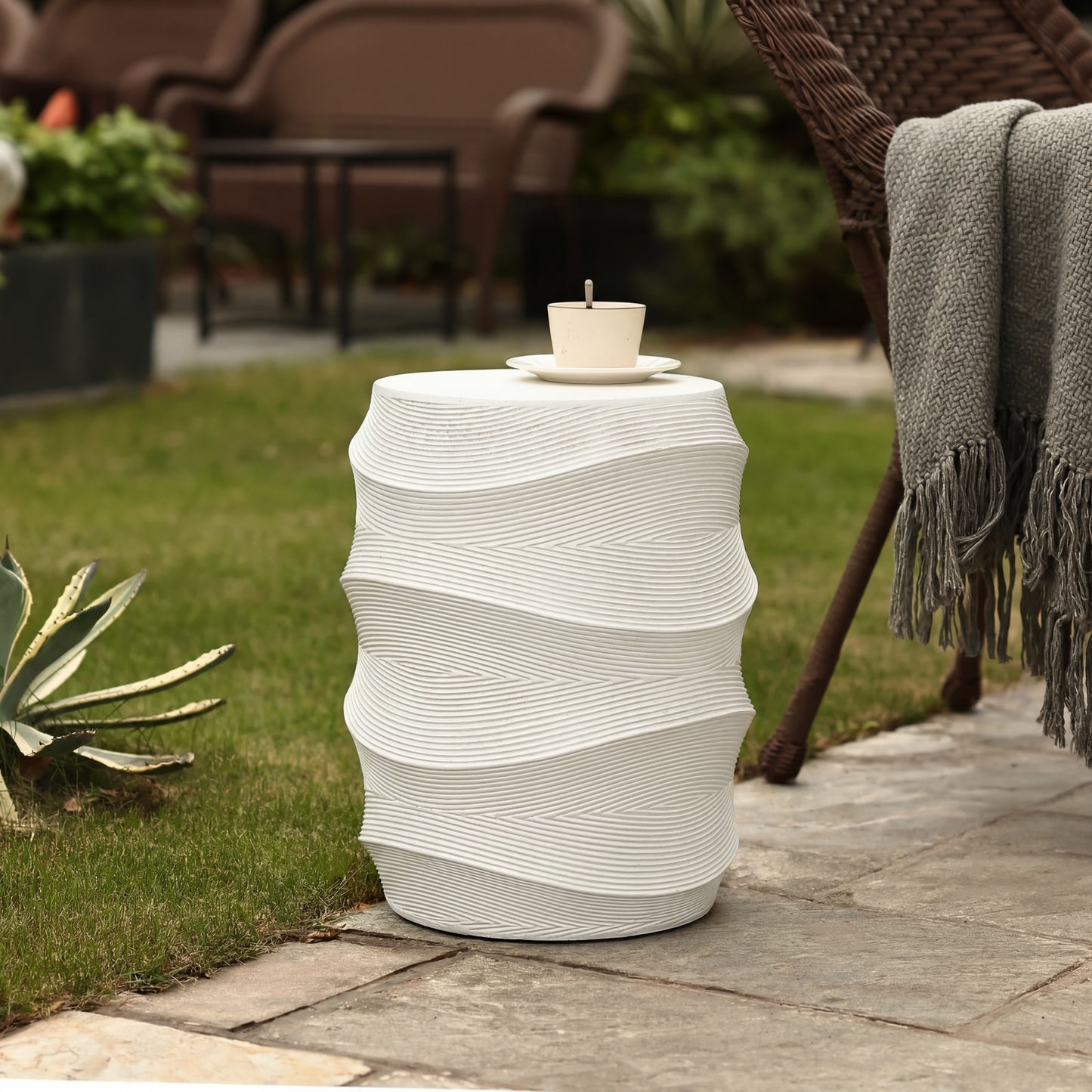 Antique-Style Magnesium Oxide Outdoor Side Table, White Finish