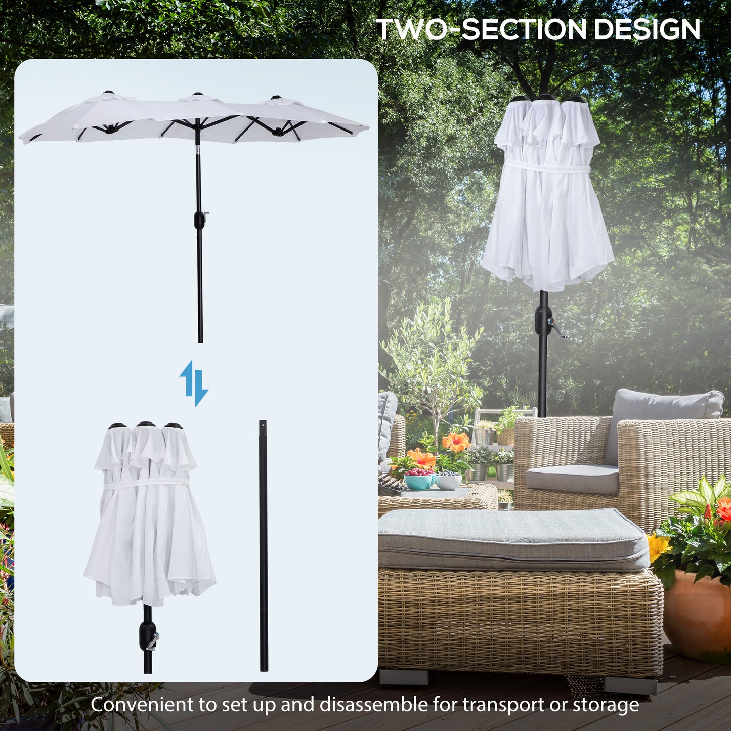 Outsunny Double-sided Patio Umbrella 9.5' Large Outdoor Market Umbrella with Push Button Tilt and Crank, 3 Air Vents and 12 Ribs, for Garden, Deck, Pool, White