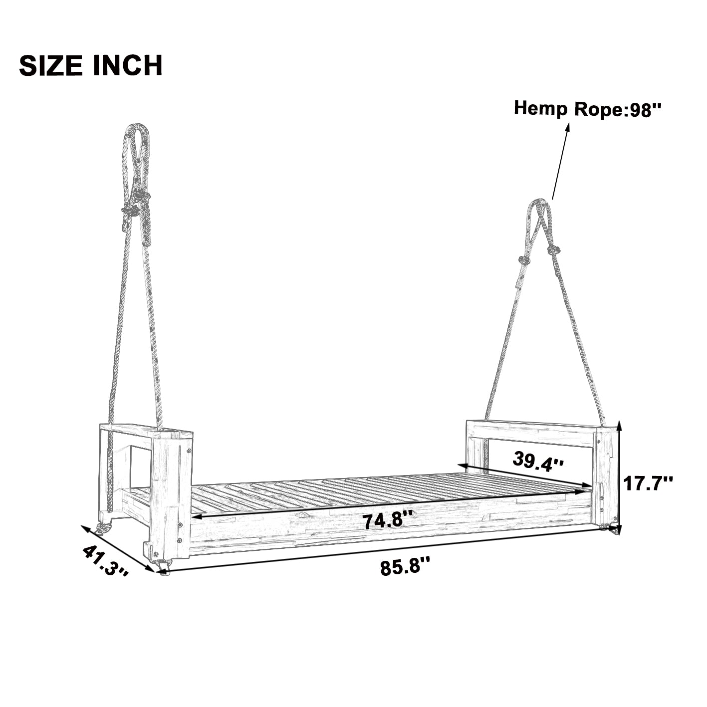 TOPMAX Twin Size Porch Swing Bed Seating Group, Patio Acacia Wood Swing Frame with Hemp Ropes for Garden, Backyard, Gray