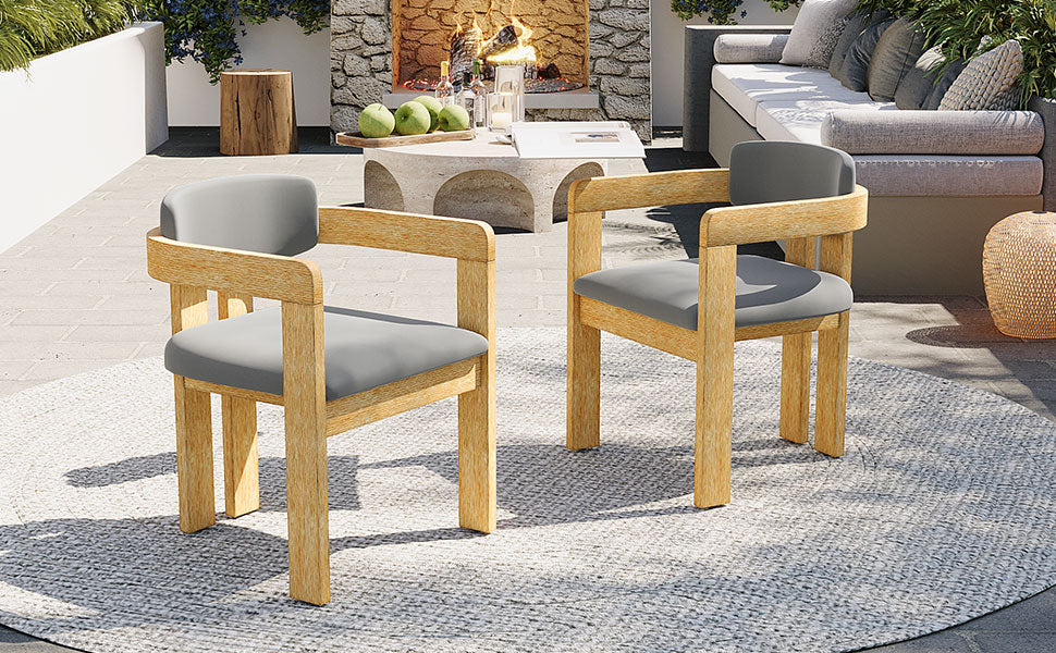 Set of 2 Outdoor Acacia Wood Dining Chairs with Cushions, Modern Solid Wood Armchairs with Weather-Resistant Upholstery for Patio, Garden, Balcony & Backyard,Grey Cushion