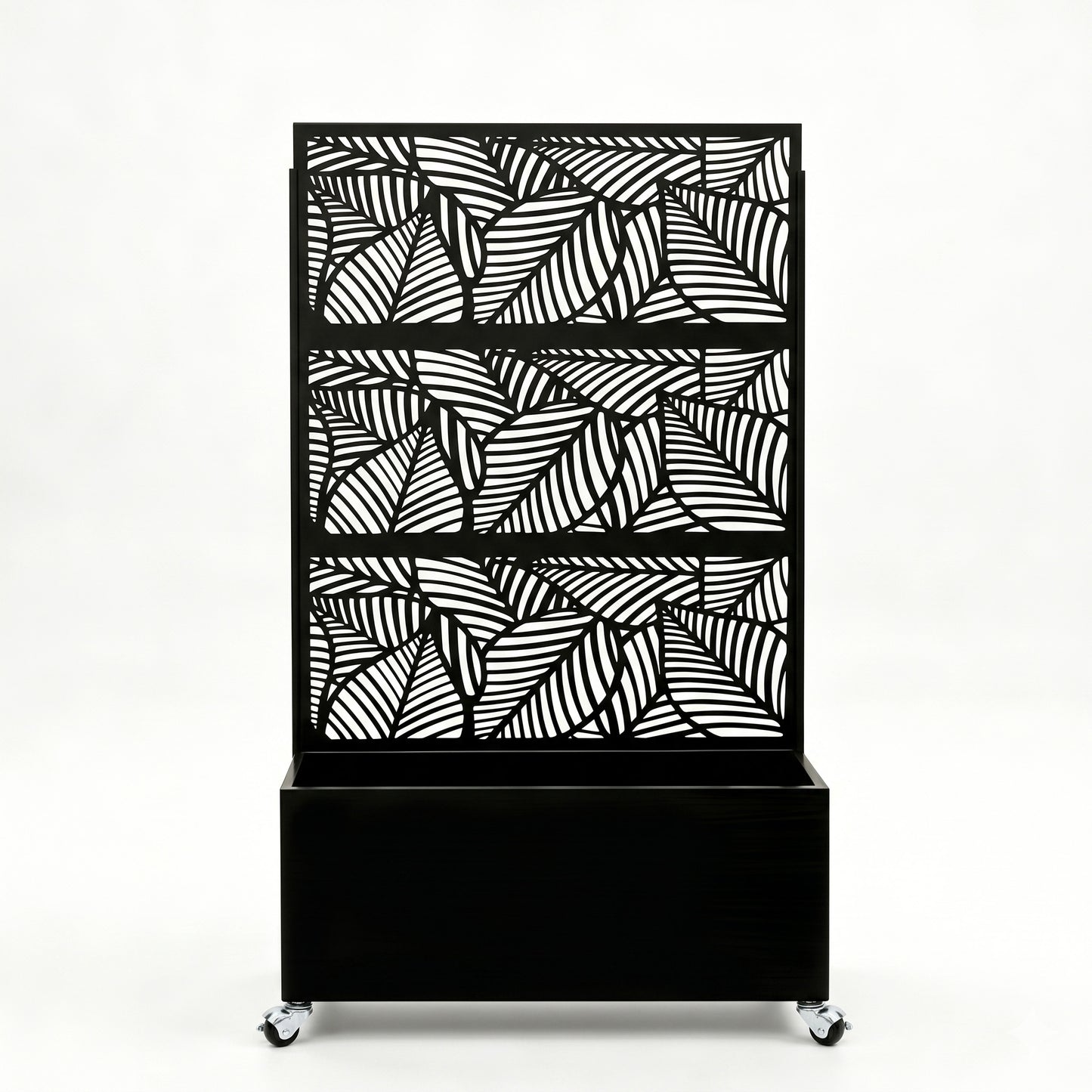70.87" H × 46.06" W Leaf Pattern Privacy Screen with Planter Box, Black Metal Freestanding Decorative Fence Planter for Patio Balcony Backyard
