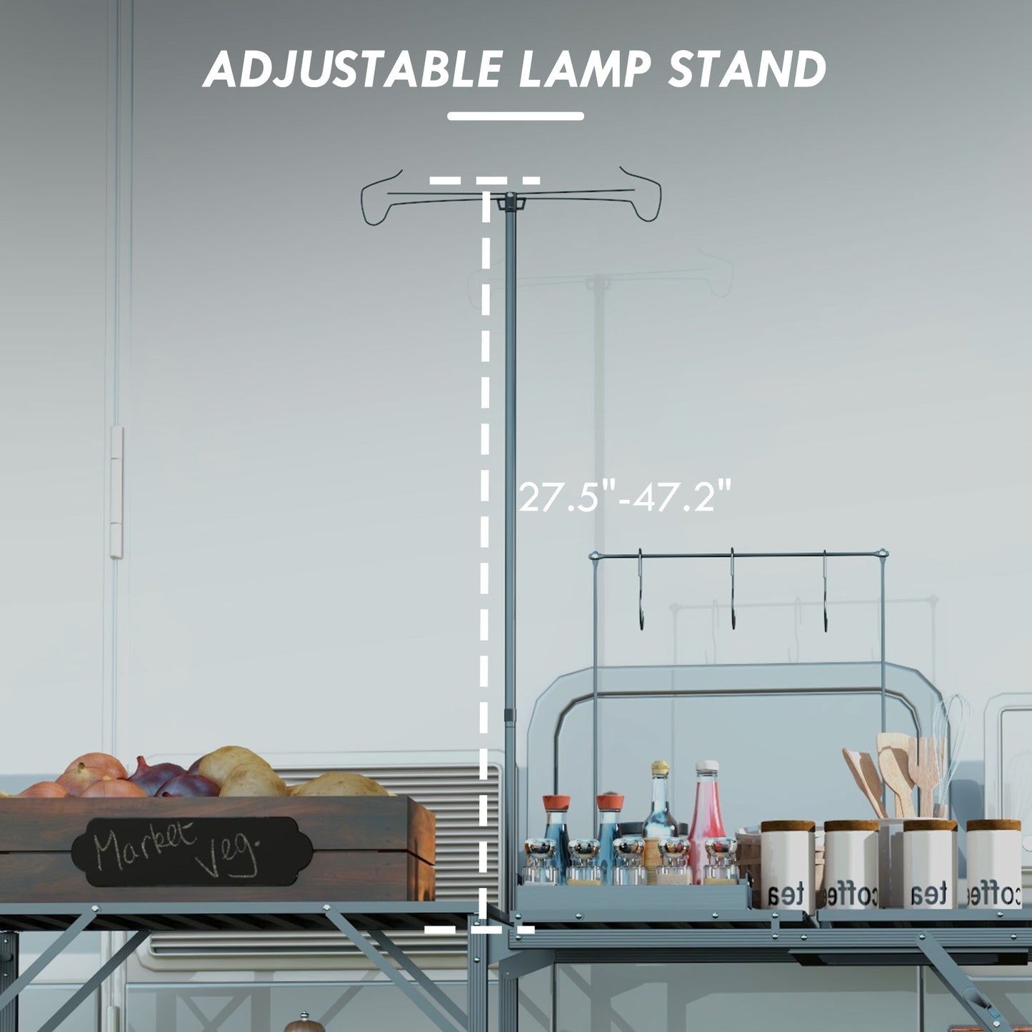 Outsunny Folding Camp Kitchen Table, Portable Camping Cooking Station with Adjustable Lantern Holder, Hanging Hooks and Carrying Bag for Outdoor Picnic Beach BBQ Traveling