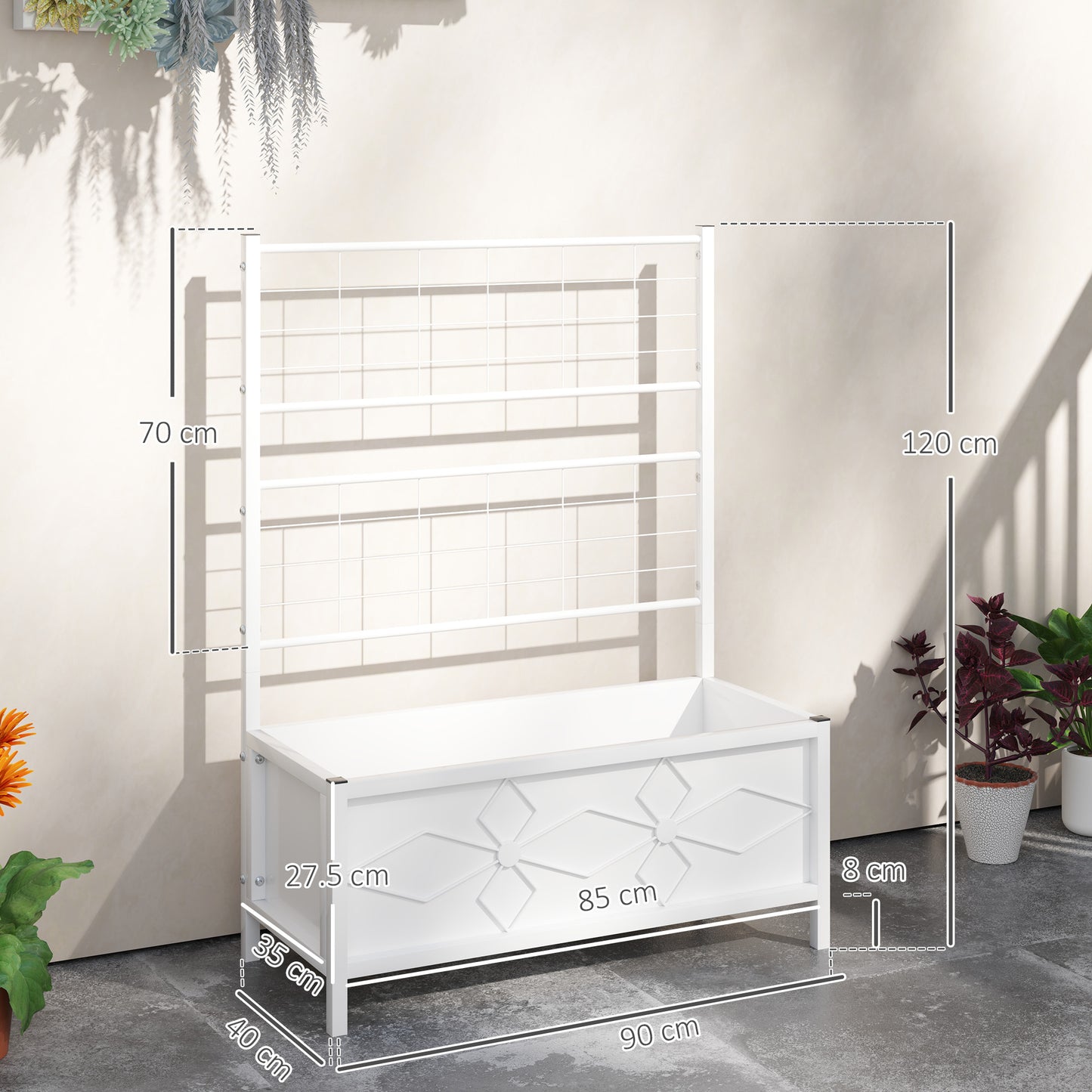 Outsunny Galvanized Raised Garden Bed with Trellis for Climbing Vines Vegetables Flowers, Outdoor Planter Box, 35.4" x 15.7" x 47.2", White