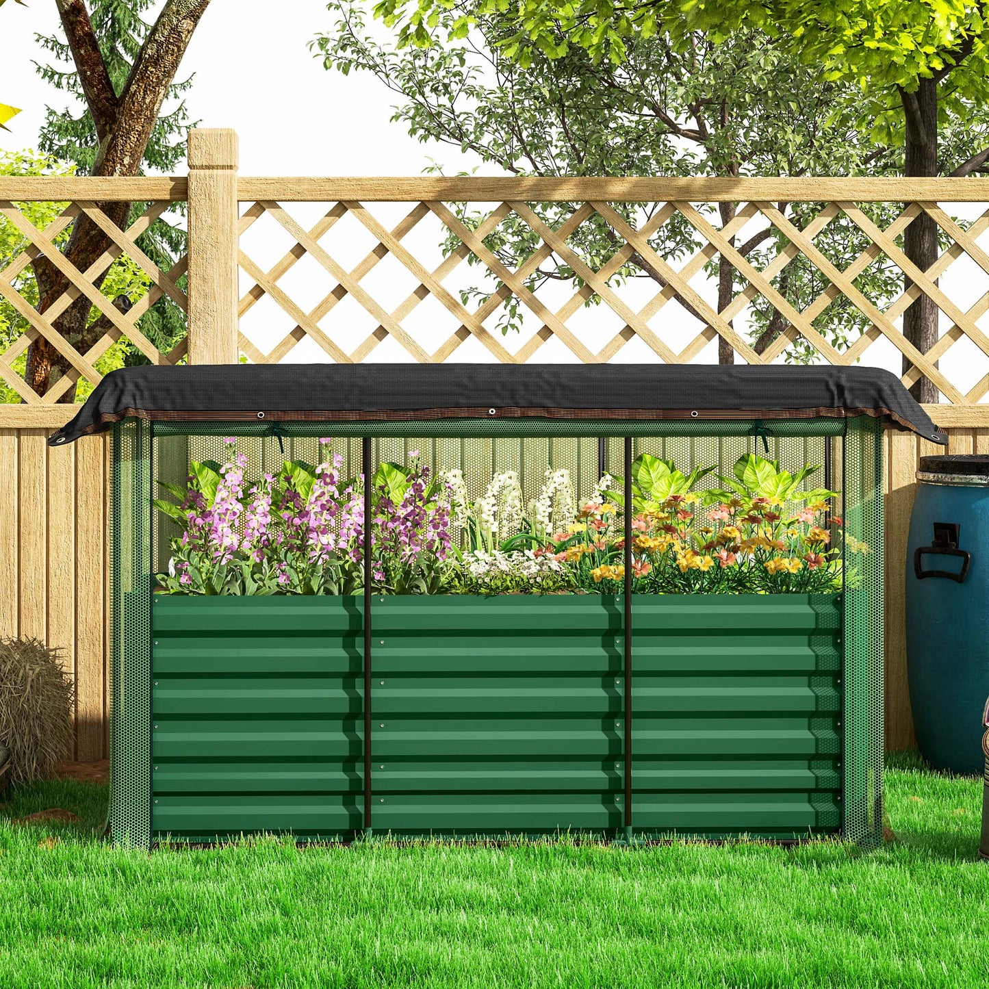 Outsunny Galvanized Raised Garden Bed, Planter Box with Crop Cage and Shade Cloth, Green