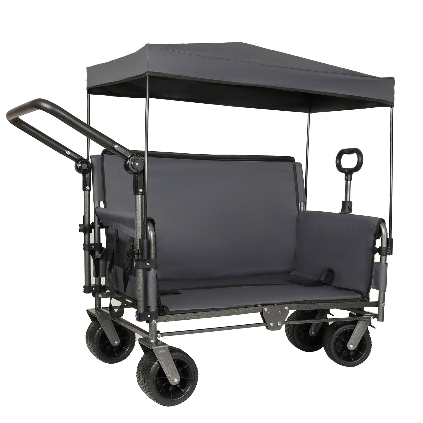 3-in-1 Folding Wagon Cart with Bench Seat & Canopy & Storage, 500lbs Heavy-Duty, 180L Capacity, All-Terrain Wagon for Camping, Beach, Sports, & Garden, Gray