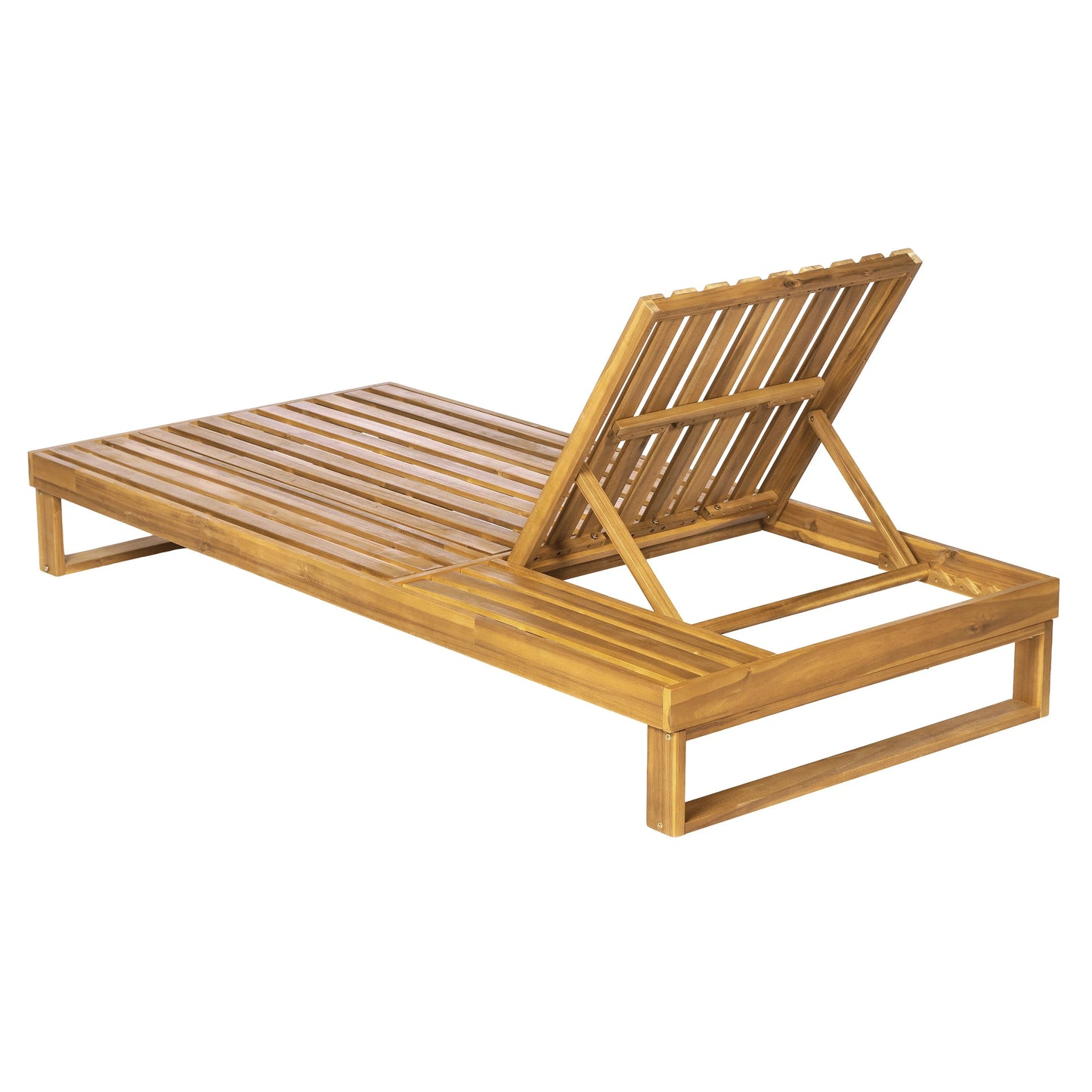 Teak Finish Acacia Wood Chaise Lounge with 4-Inch Dark Gray 4-Fold Cushion Set, Adjustable Outdoor Patio Lounger with Flat Side Surface, for Poolside- Matching cream,beige version available