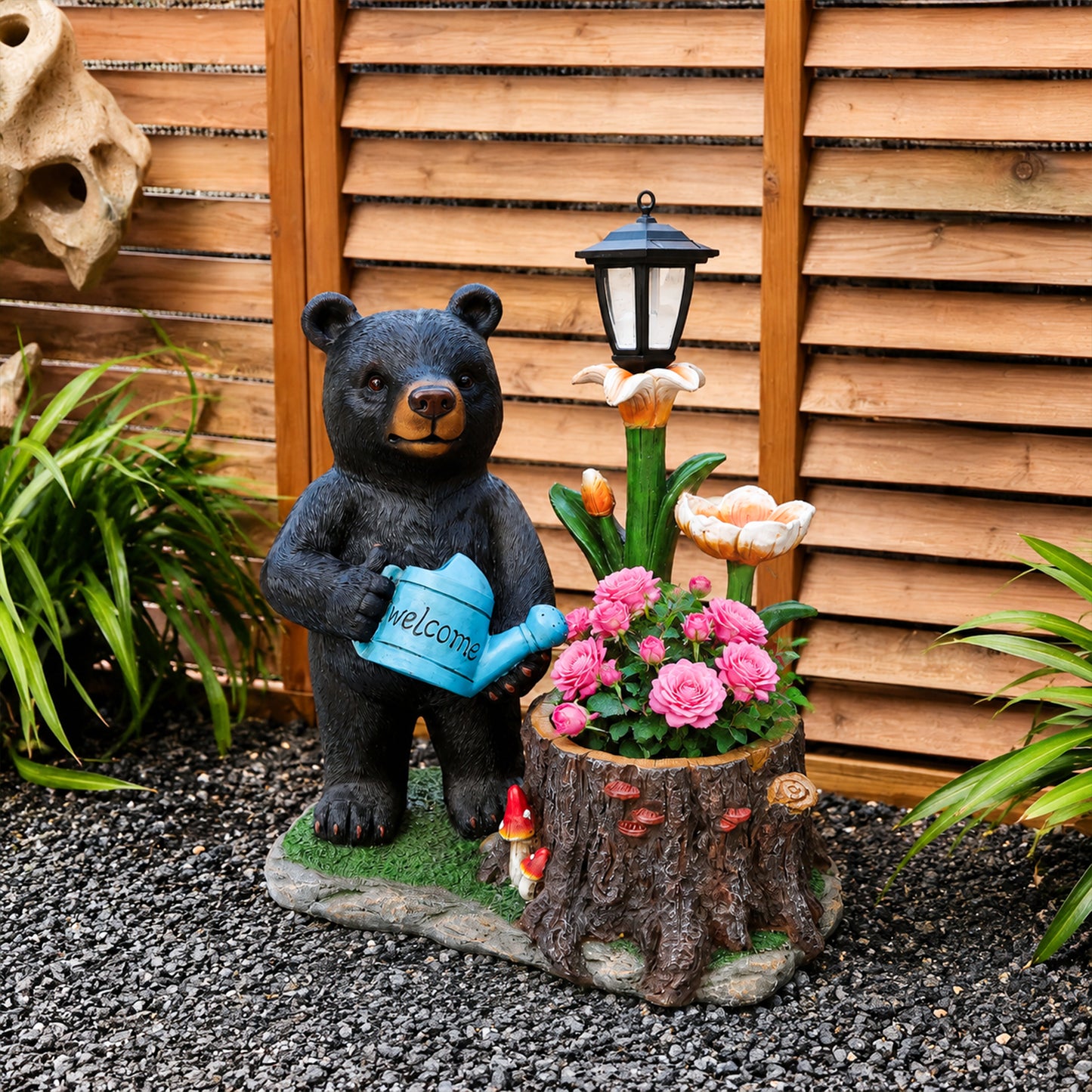 Standing Black Bear Garden Planter with Decorative Solar Lantern - Whimsical Polyresin Wildlife Flower Pot for Porch & Patio Decor