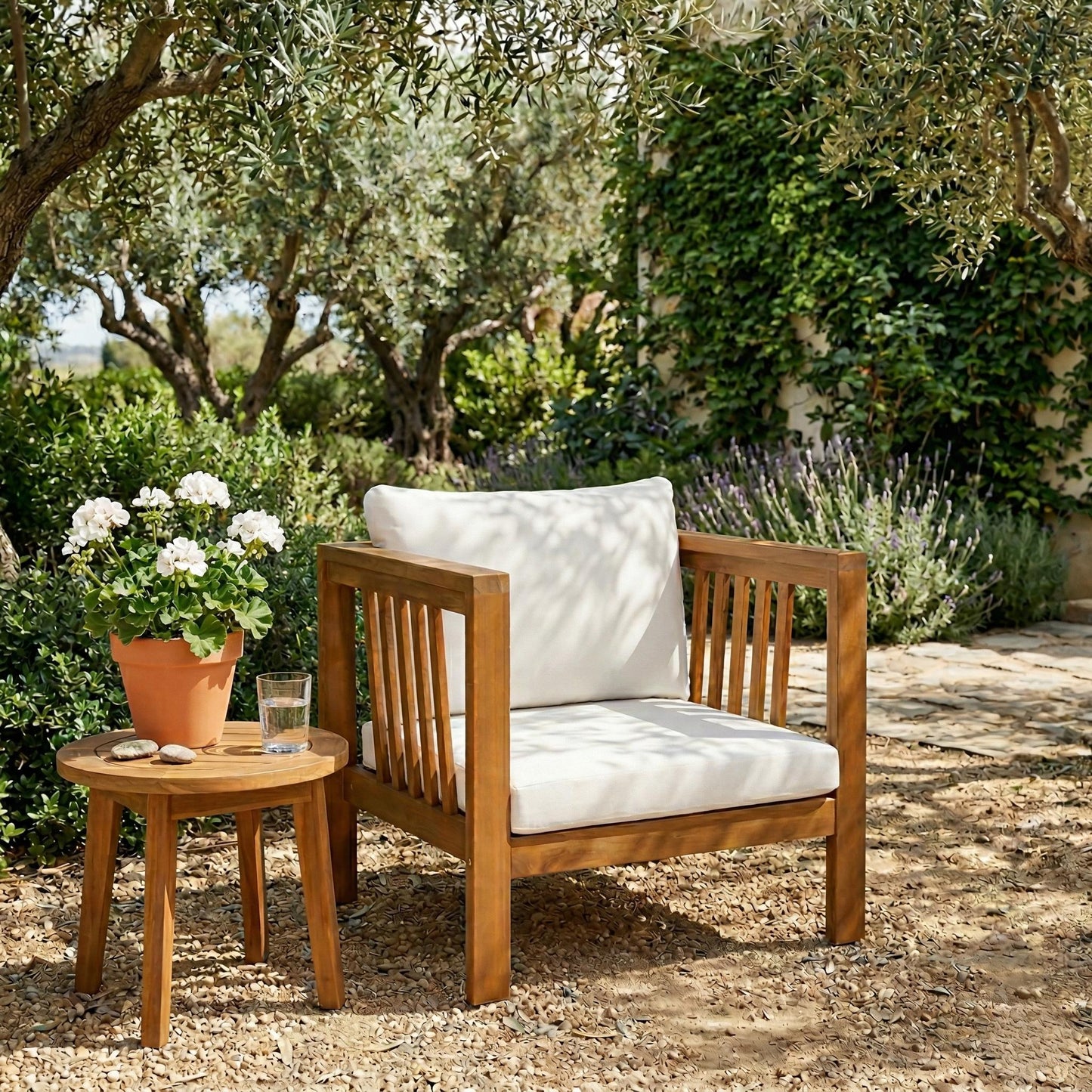 Outdoor Acacia Wood Club Chair with Modern Square Arms, Patio Chair with Thick Cushion, Adjustable Leveling Feet for Poolside, Backyard & Deck, Beige Cushion