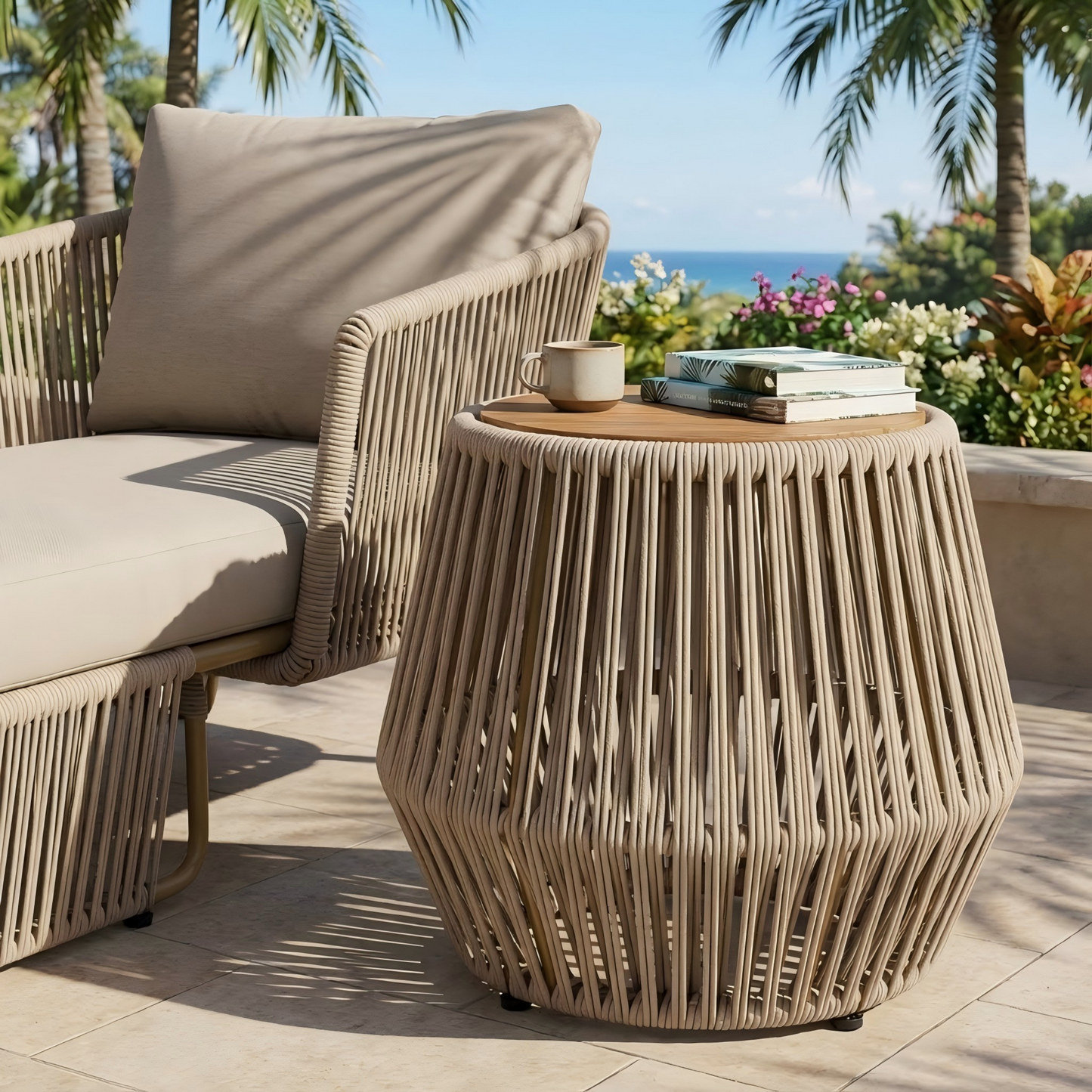 Acacia Wood Side Table with Beige Rope Base - Light Teak Finish, Modern Coastal Accent for Patio, Garden, Balcony & Indoor Use