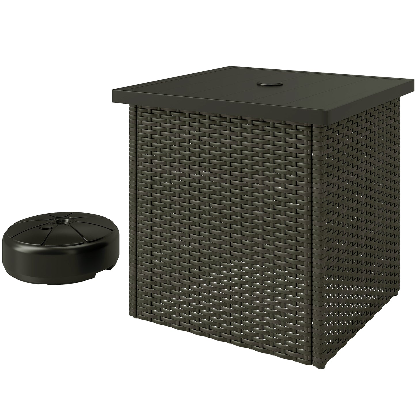 Outsunny All Weather Wicker Side Table with 1.5" Umbrella Hole, Square Outdoor End Table with UV-Resistant Frame, Storage Space for Patio, Mixed-Brown