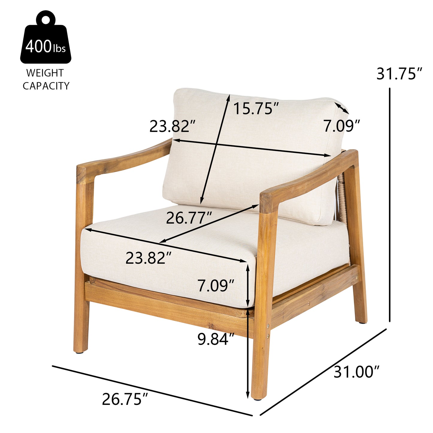 Outdoor Club Chair , Acacia Wood Frame with Rope Back Detail, Water-Repellent Beige Cushions for Patio/Backyard/Deck