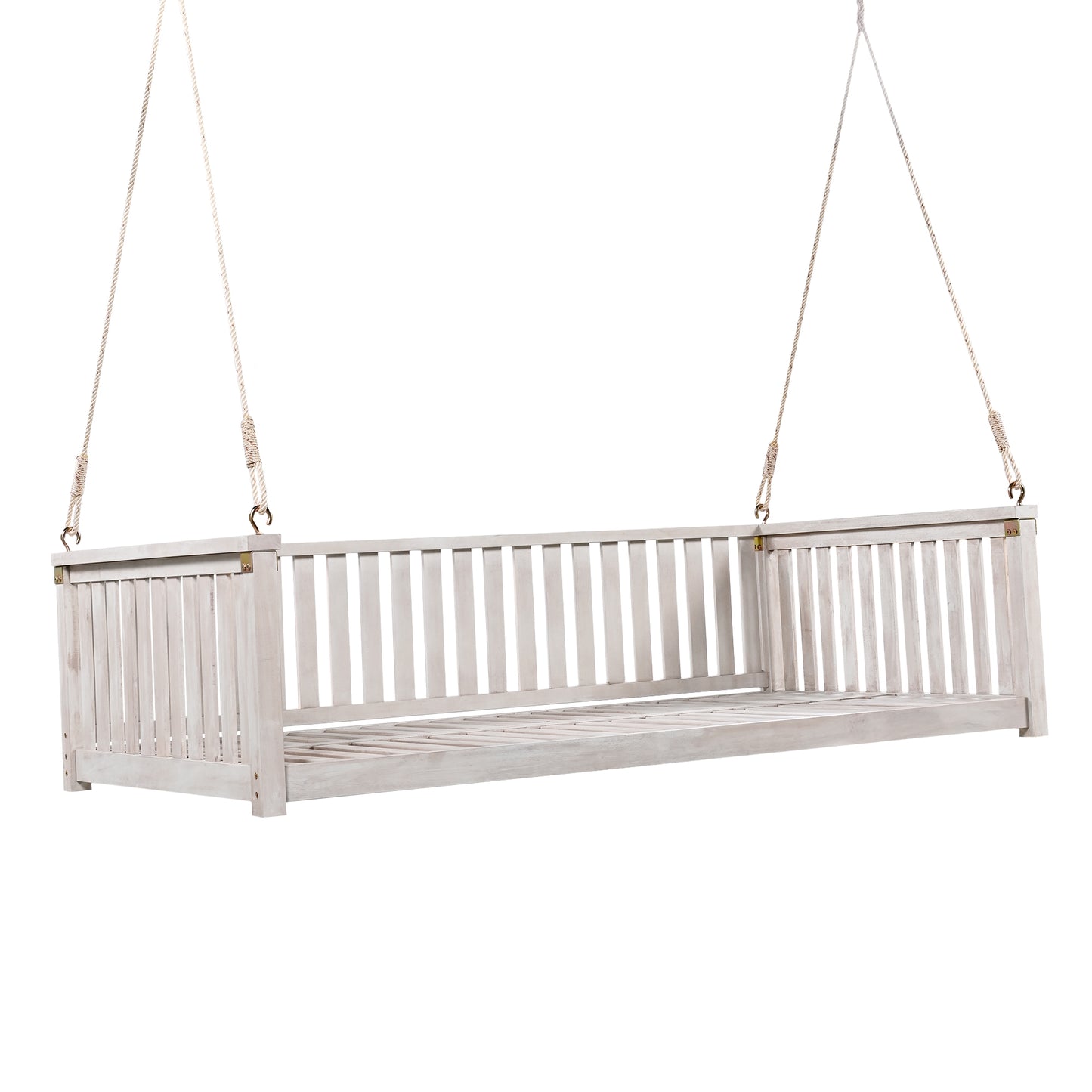TOPMAX Patio Minimalist Twin Size Garden Swing Bed Wood Porch Swing with Ropes for Backyard, Safe Sloped Design, White