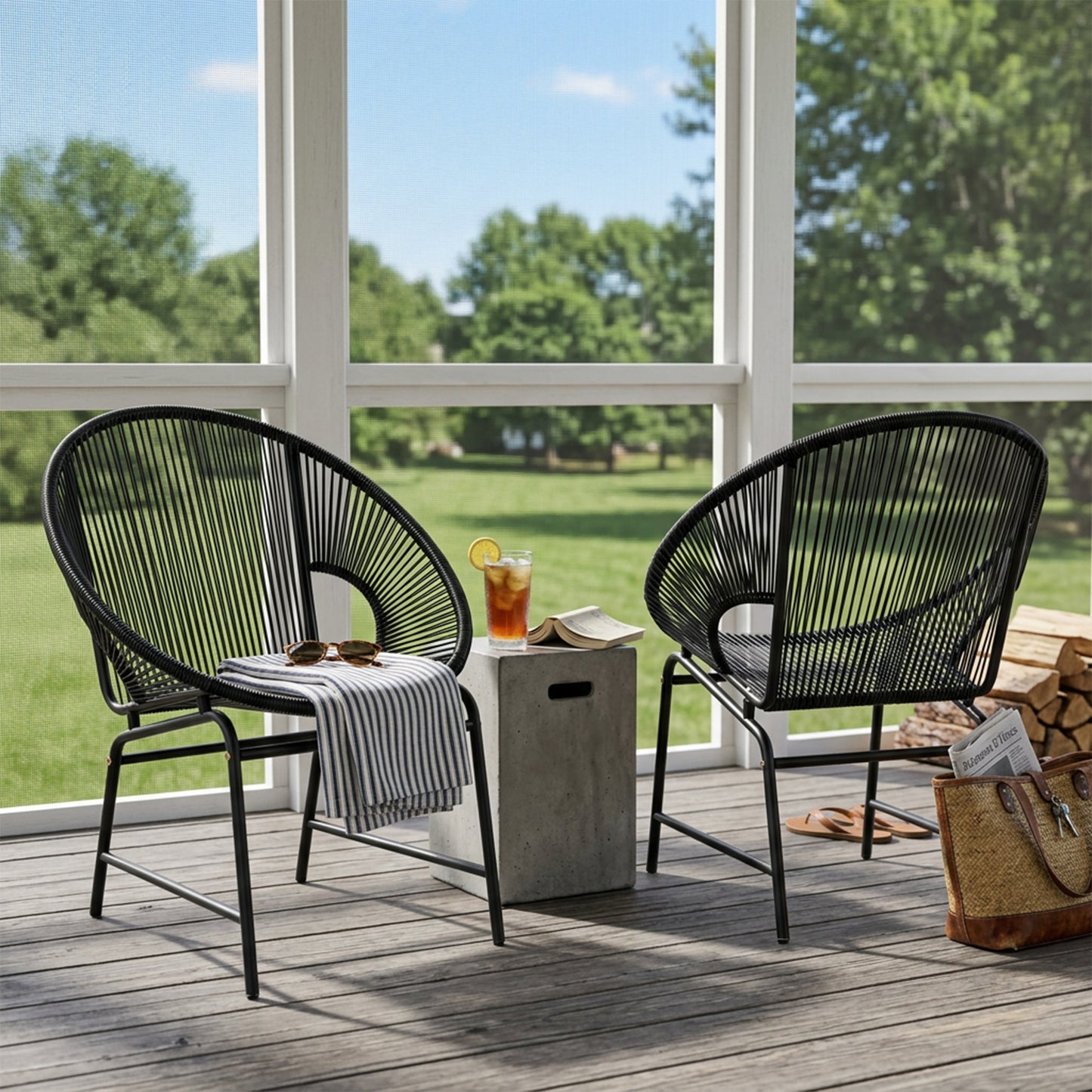 NUSA OUTDOOR PATIO WICKER CHAIR, BLACK PE RATTAN & IRON FRAME, SET OF 2