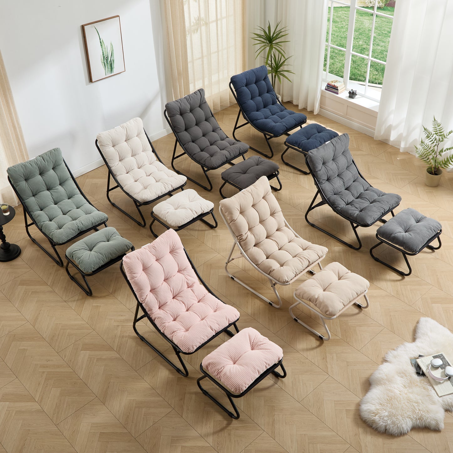 Patio Outdoor Lounge Chair with Ottoman, Comfy Sling Recliner Chair with Puffy Cushion and Foot Stool,  Ideal for Living Room, Bedroom, Reading Room, Black frame with navy blue cushion