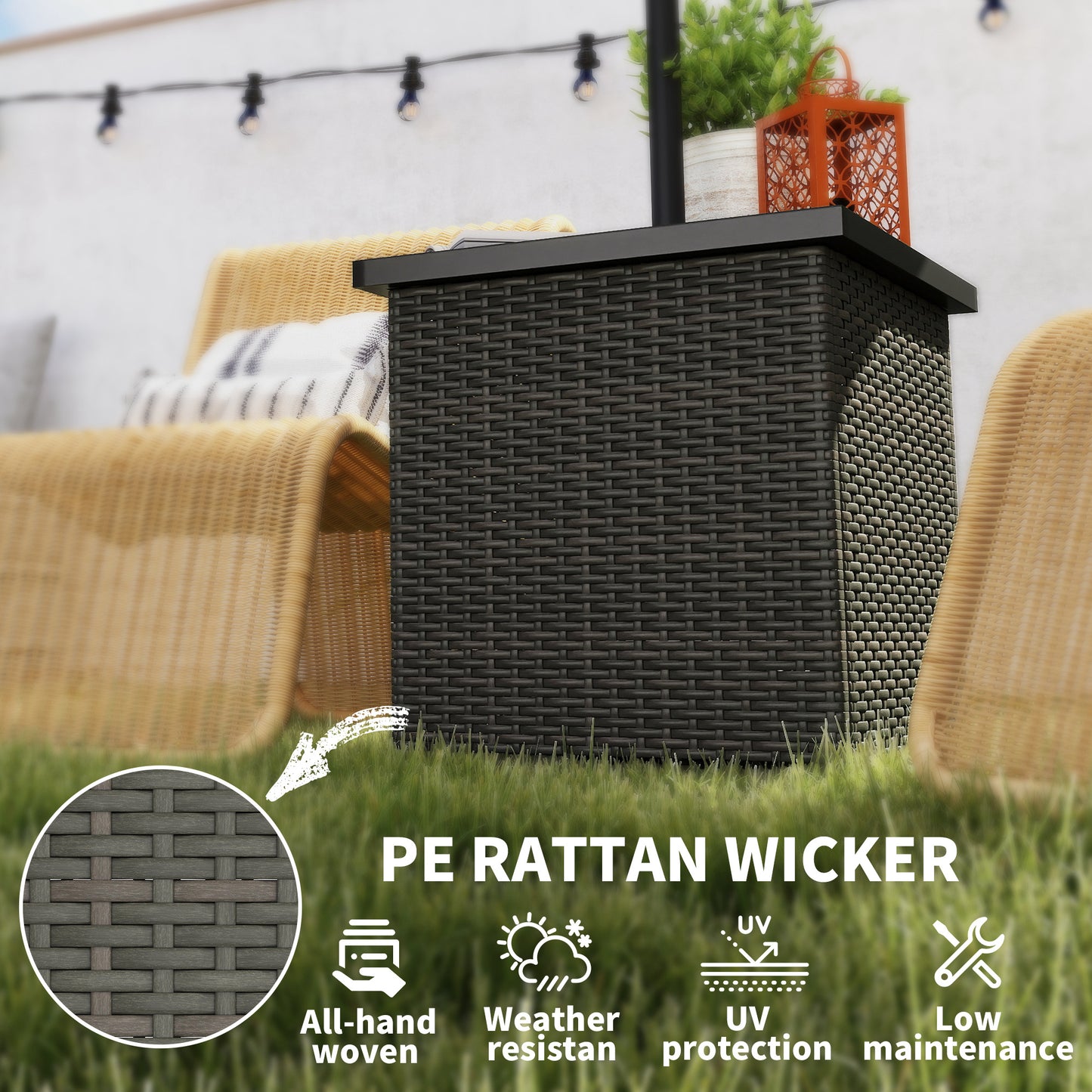 Outsunny All Weather Wicker Side Table with 1.5" Umbrella Hole, Square Outdoor End Table with UV-Resistant Frame, Storage Space for Patio, Mixed-Brown