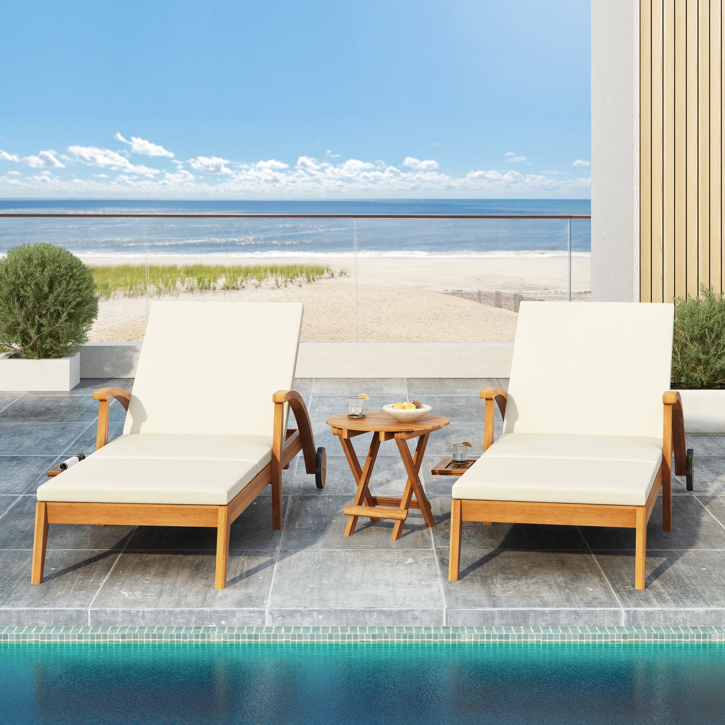 CHAISE LOUNGE WITH WHEEL - ACACIA WOOD RECLINER FOR PATIO/GARDEN, WITH 2INCH WHITE CUSHION, 4-POSITION ADJUSTABLE BACKREST, VERSATILE OUTDOOR FURNITURE