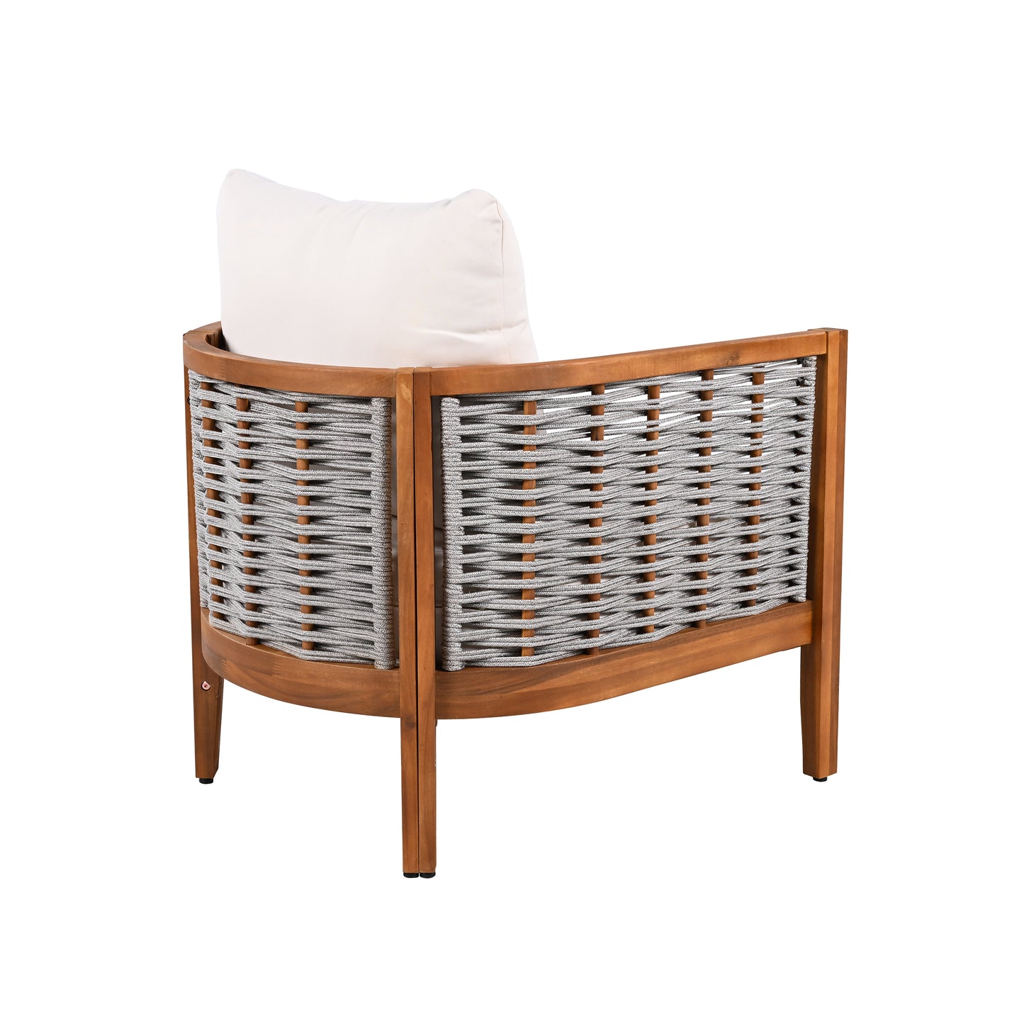 2 Pieces Outdoor Unique Tub Design Armchair with Woven Rope, Patio Furniture Acacia Wood Chair, Deep Seating with Soft Cushions for Porch, Garden, Backyard, Balcony, Teak Finish & Beige Cushion