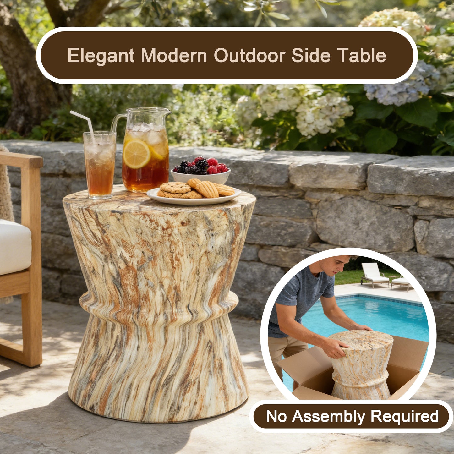 U_Style Hourglass shape Outdoor Side Table, Concrete Contemporary Lightweight Accent Table with Simulated stone texture , Outdoor Accent End Table for Livingroom, Garden,