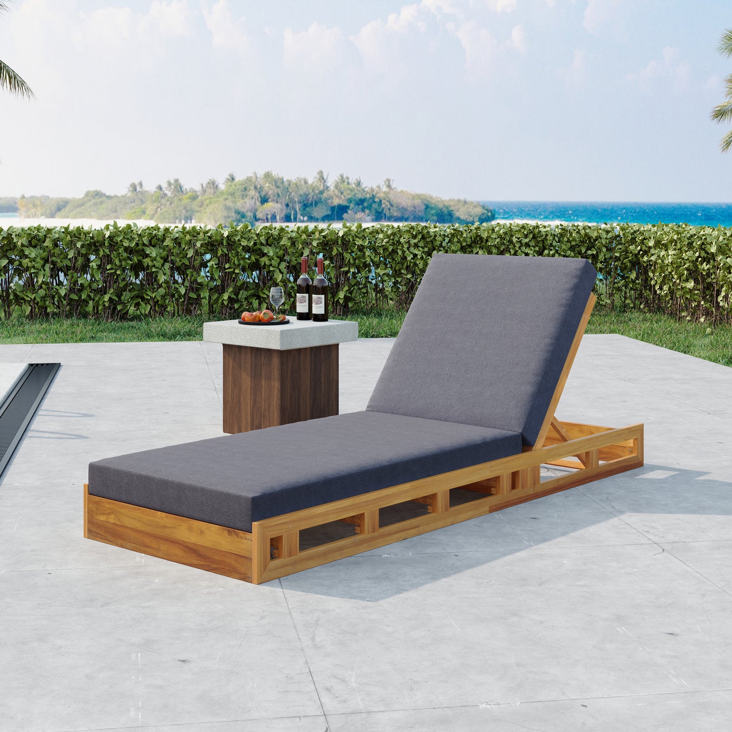 LOUNGE CHAISE SET, ACACIA WOOD WITH WATER-RESISTANT LOUNGE CUSHIONS (Dark Grey/ & 4 INCH THICK) - MATCHING CREAM VERSION AVAILABLE